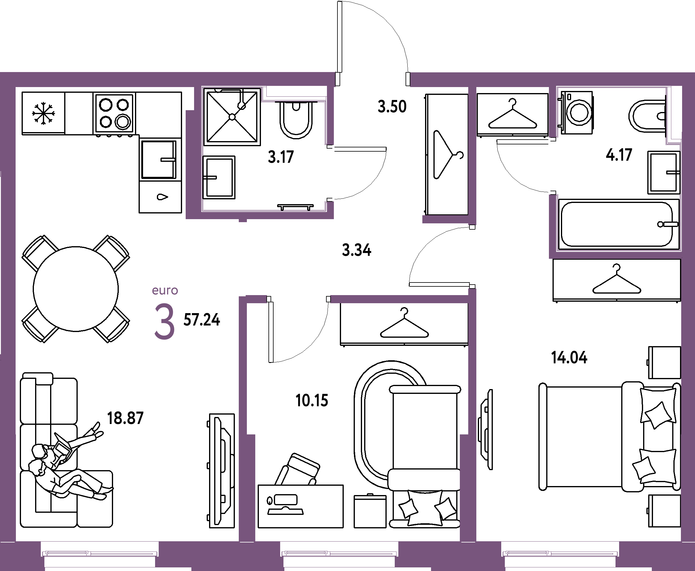 ЖК "Европейский берег 2.0"-3-комнатная 57.24 м²