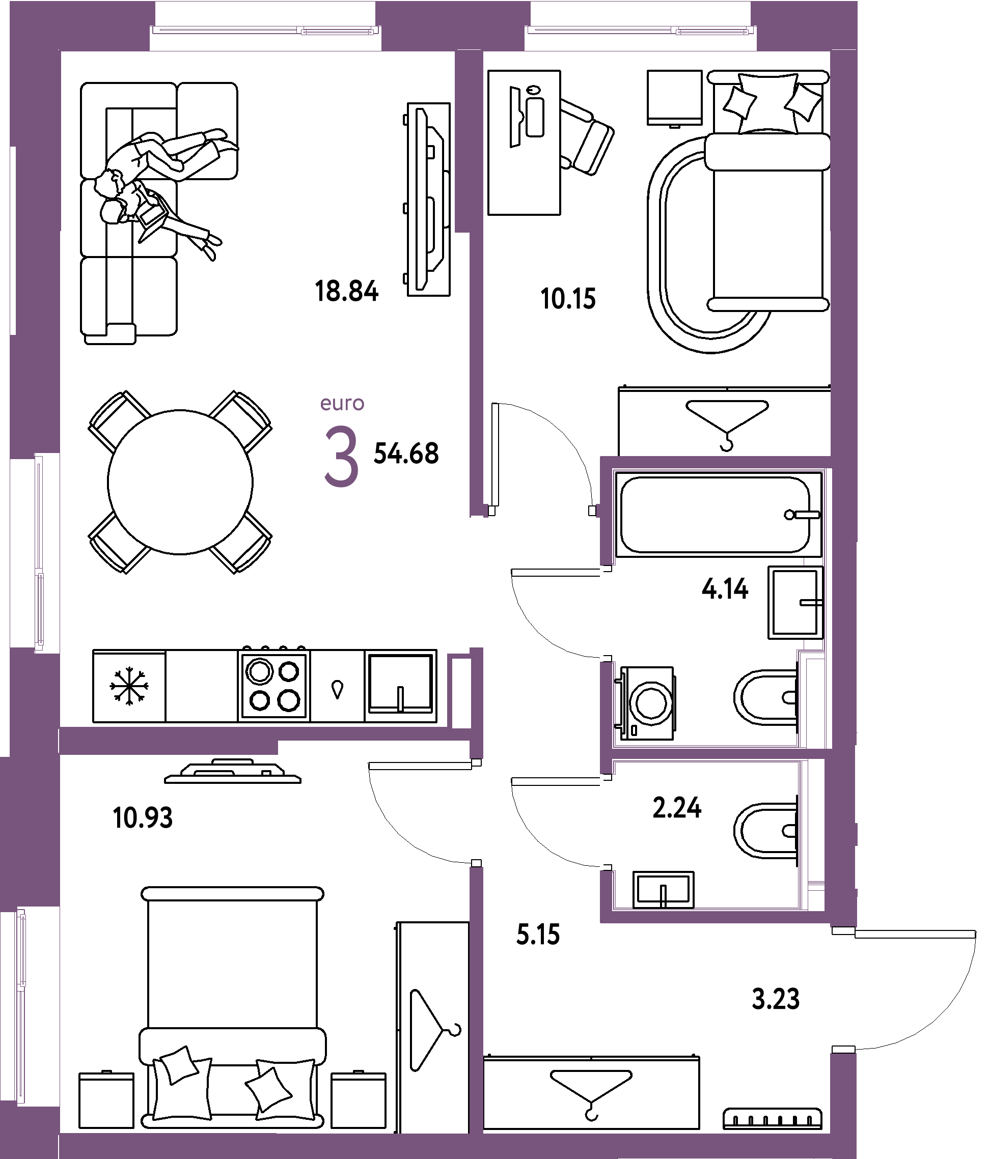 ЖК "Европейский берег 2.0"-3-комнатная 54.7 м²