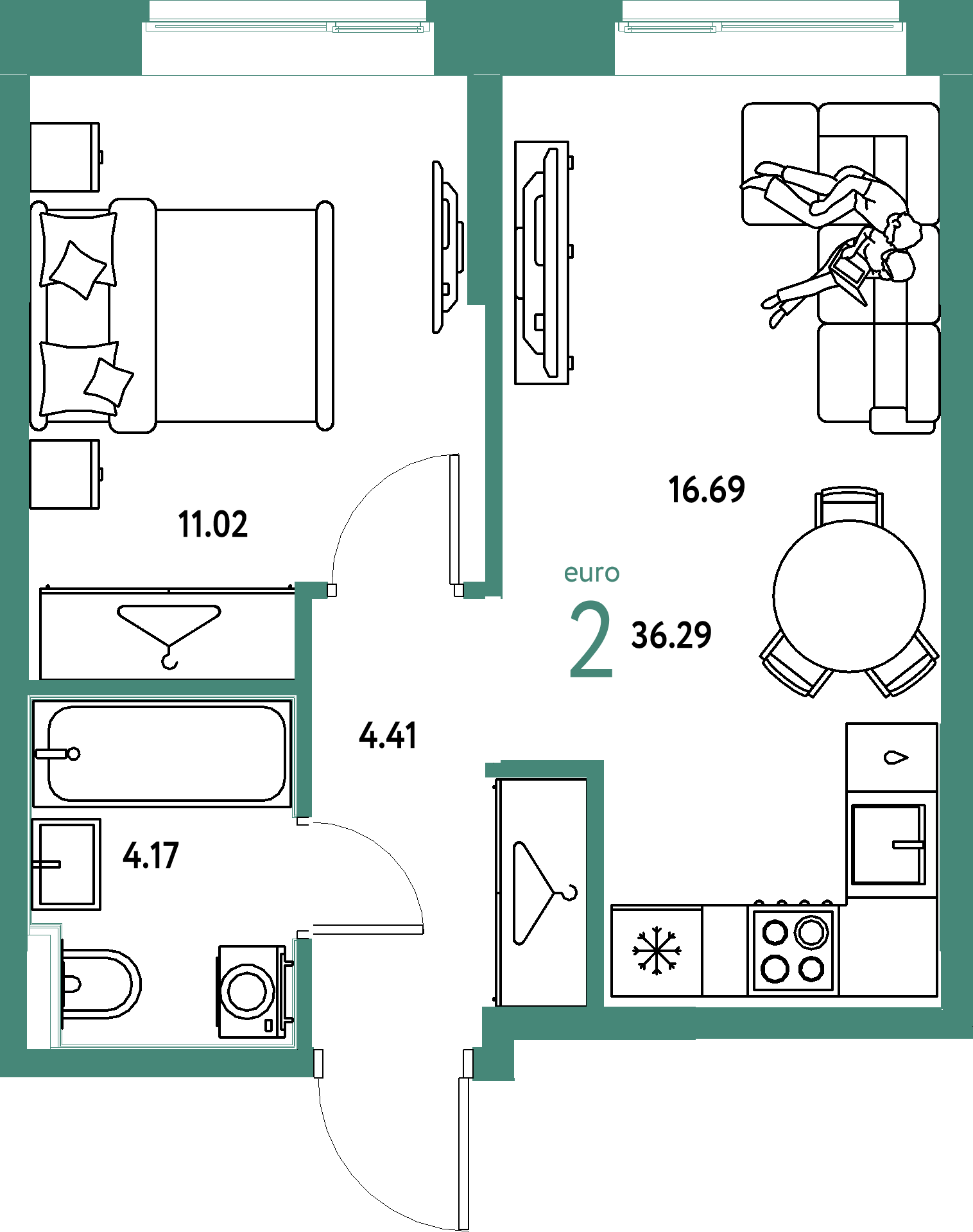 ЖК "Европейский берег 2.0"-2-комнатная 36.29 м²