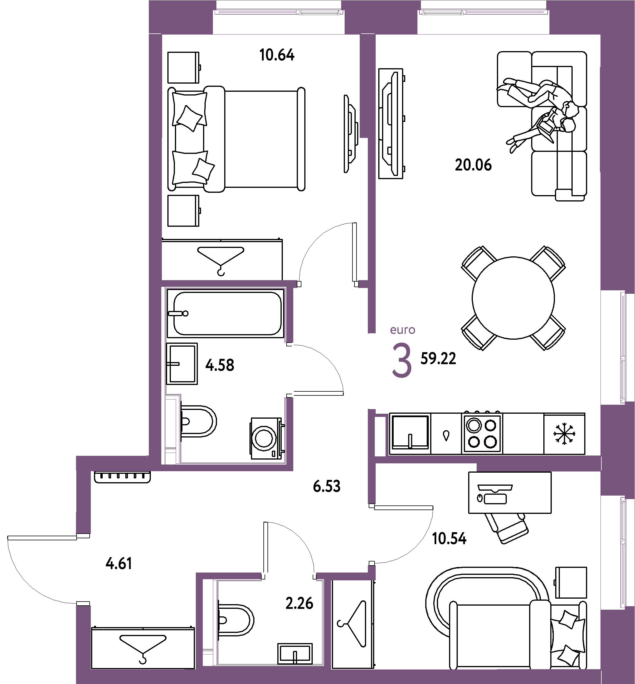ЖК "Европейский берег 2.0"-3-комнатная 59.22 м²