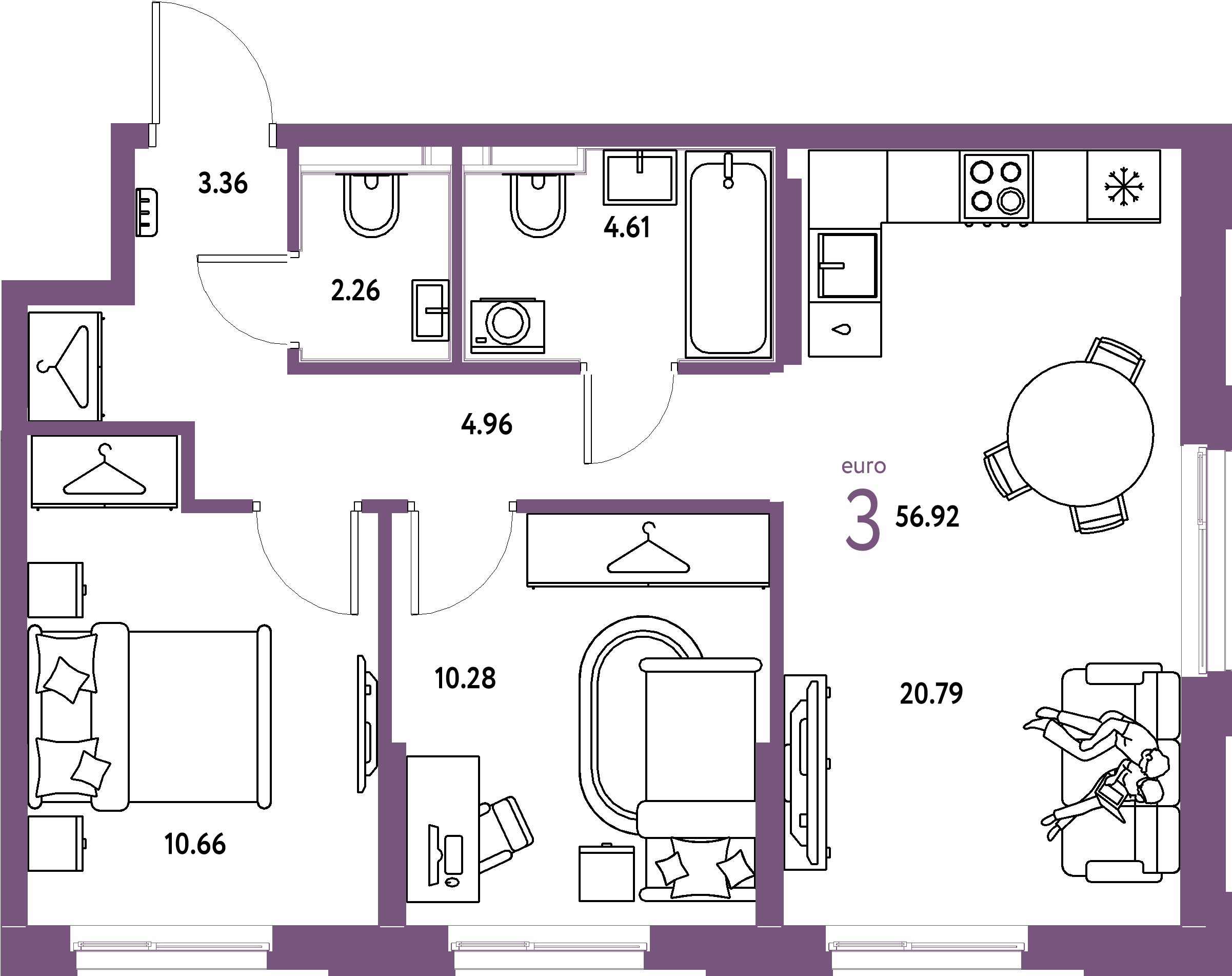 ЖК "Европейский берег 2.0"-3-комнатная 56.92 м²