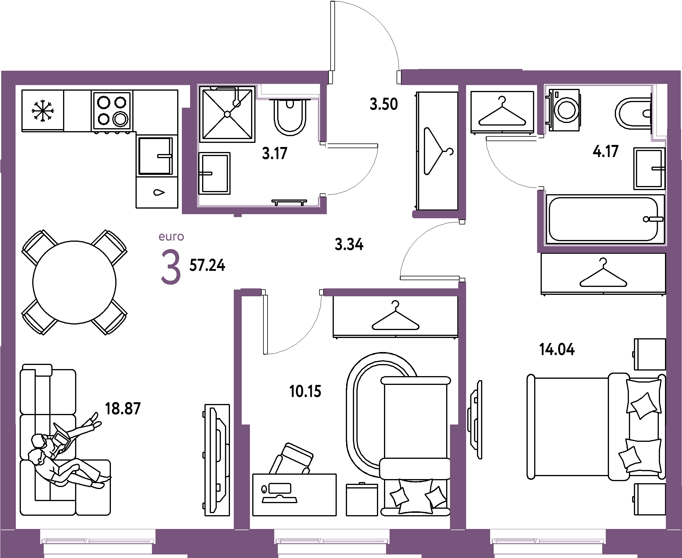 ЖК "Европейский берег 2.0"-3-комнатная 57.24 м²