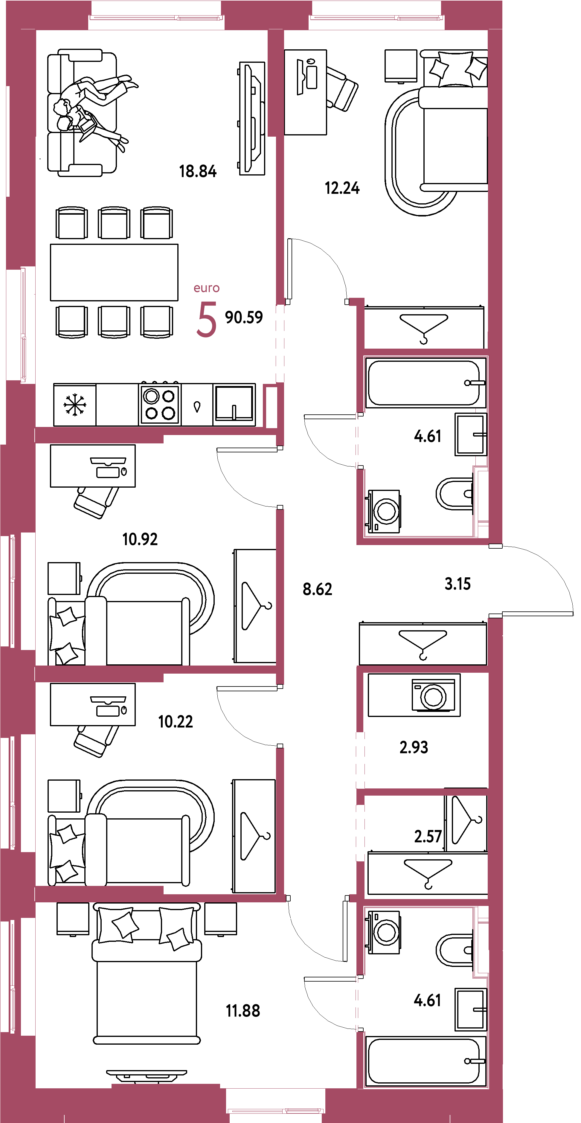 ЖК "Европейский берег 2.0"-5-комнатная 90.59 м²