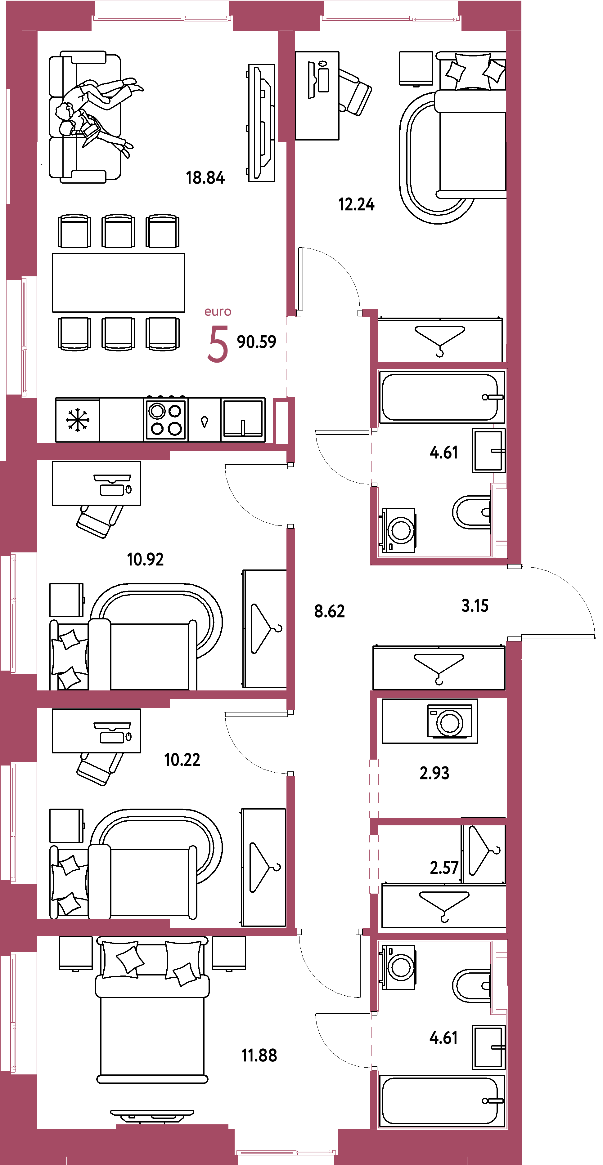 ЖК "Европейский берег 2.0"-5-комнатная 90.59 м²