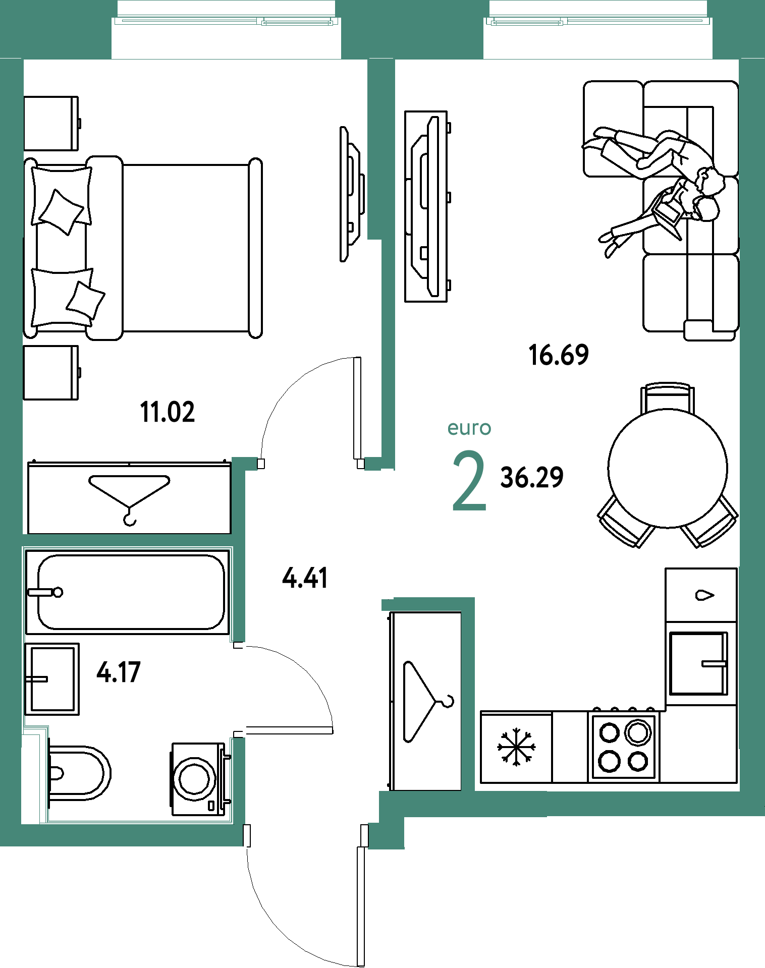 ЖК "Европейский берег 2.0"-2-комнатная 36.29 м²