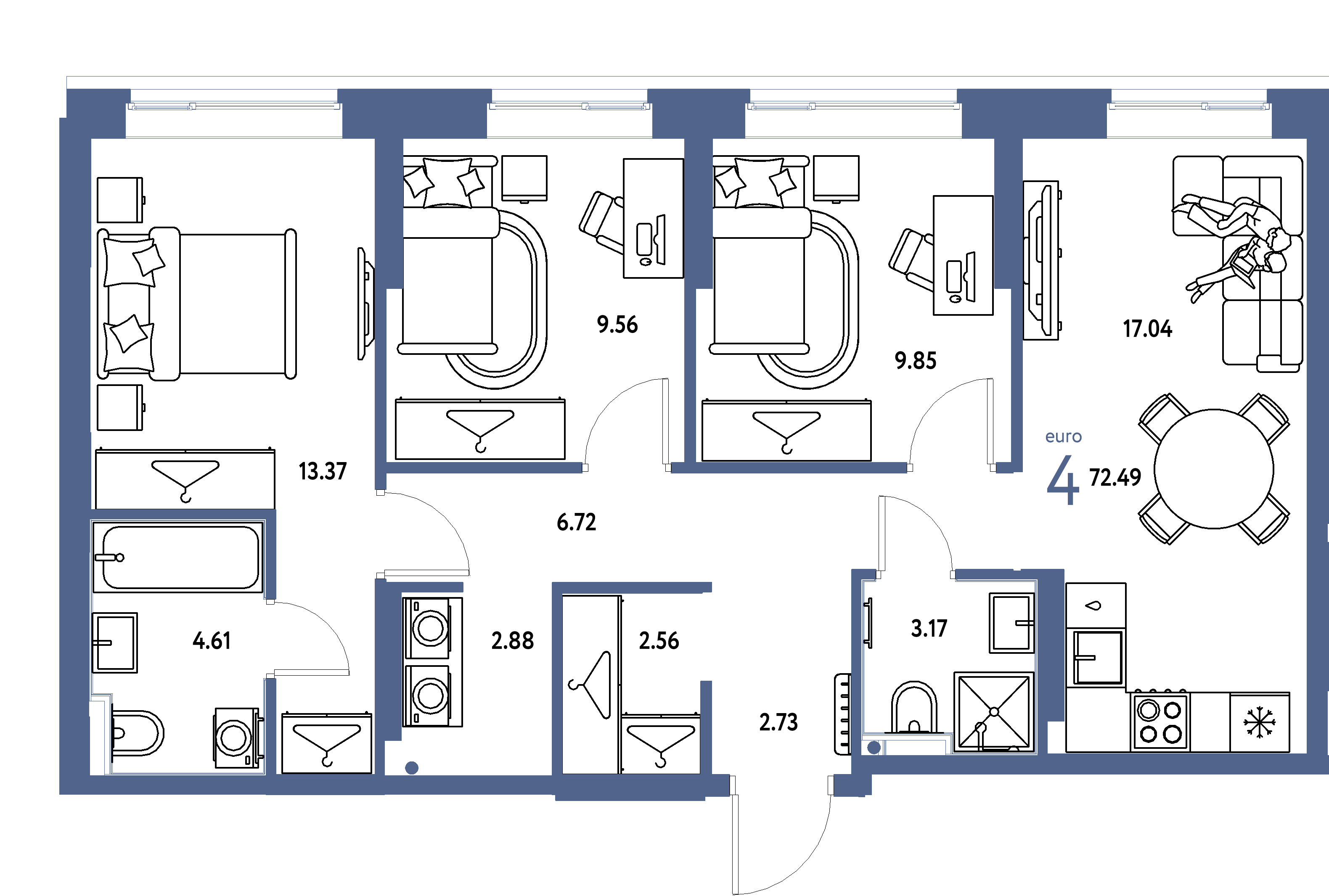 ЖК "Европейский берег 2.0"-4-комнатная 72.49 м²