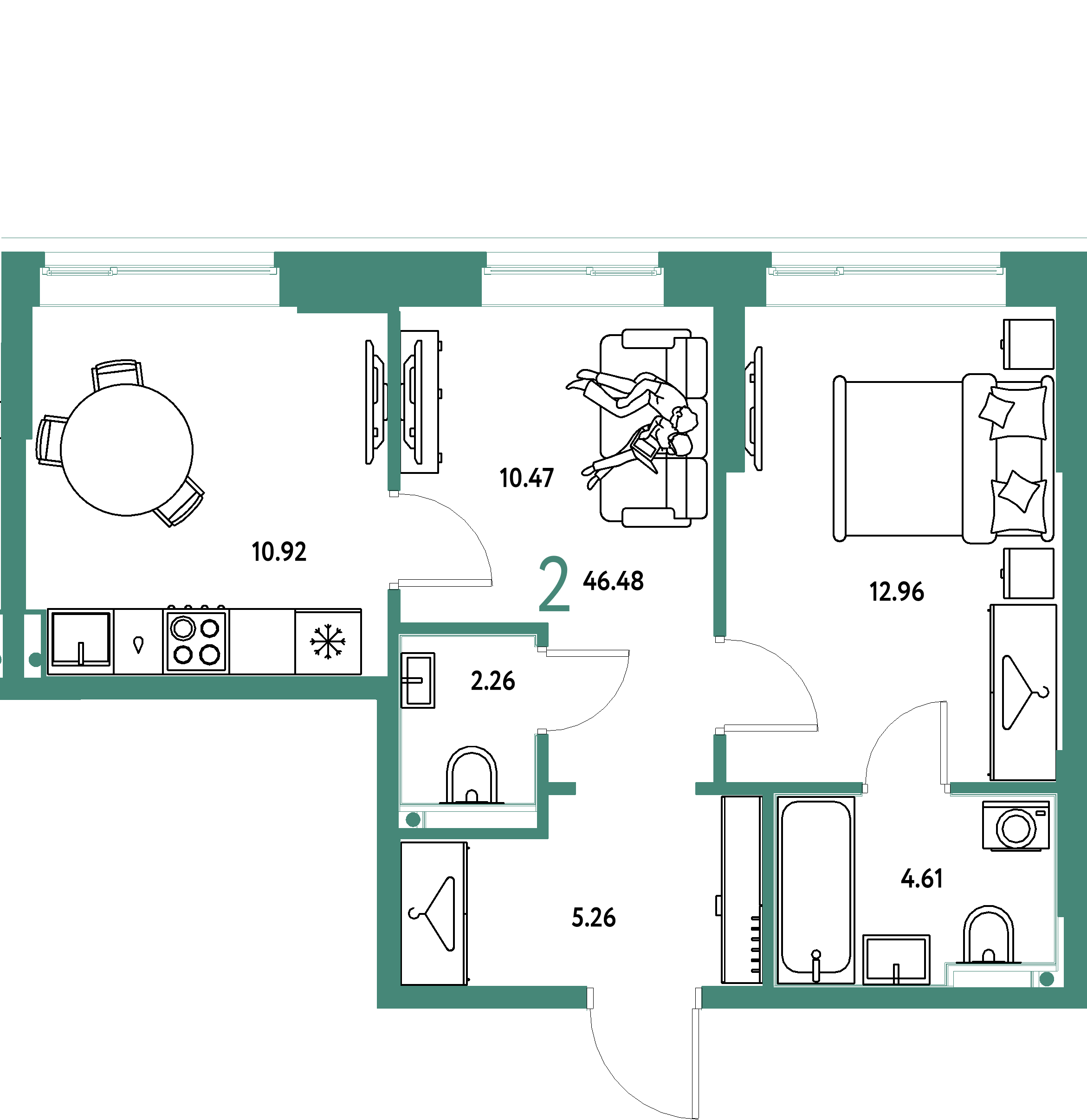 ЖК "Европейский берег 2.0"-2-комнатная 46.48 м²