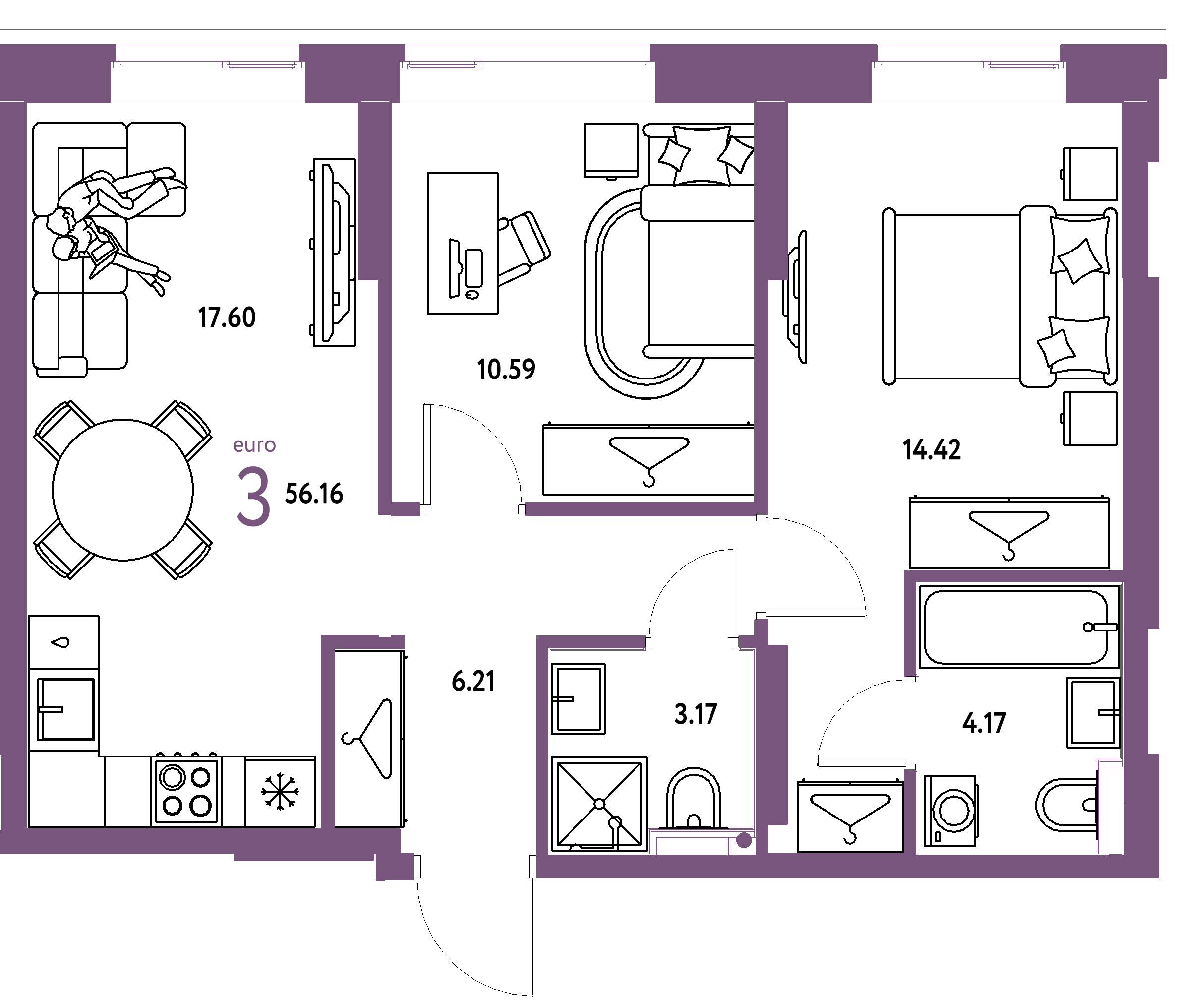 ЖК "Европейский берег 2.0"-3-комнатная 56.16 м²