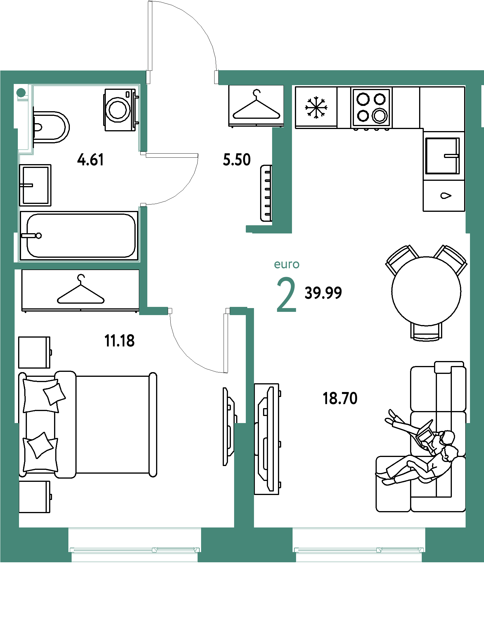 ЖК "Европейский берег 2.0"-2-комнатная 39.99 м²