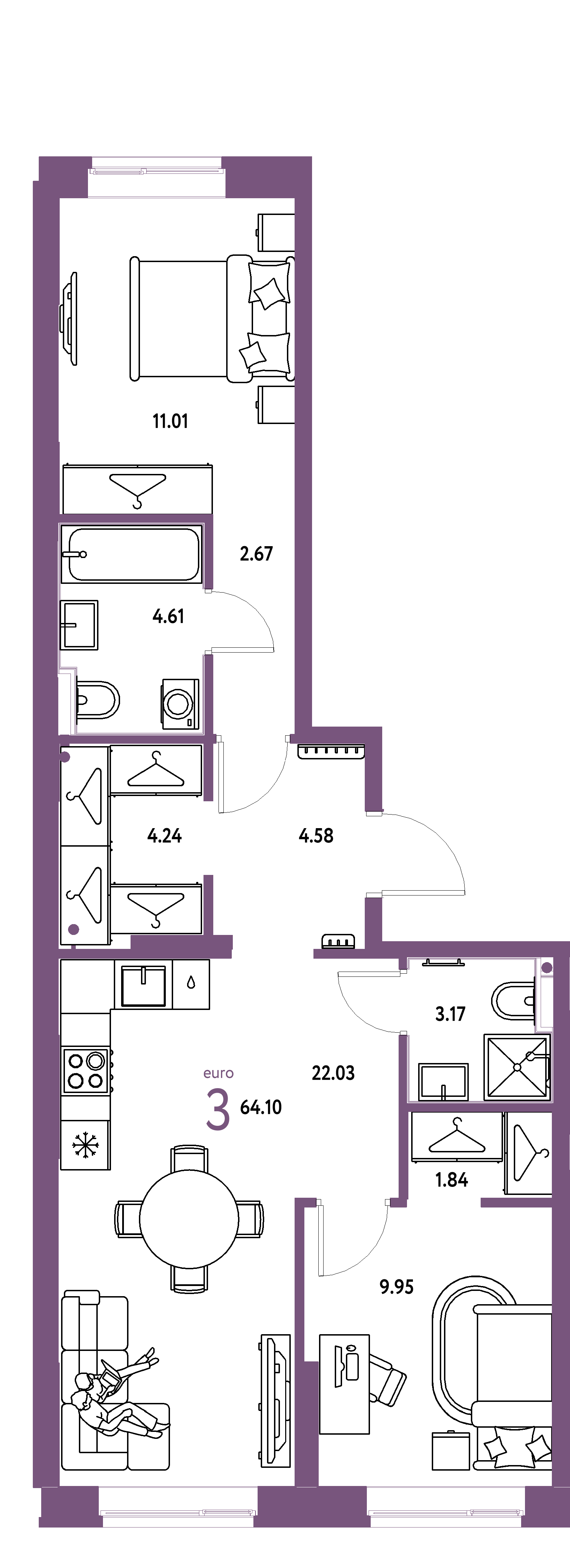 ЖК "Европейский берег 2.0"-3-комнатная 64.1 м²