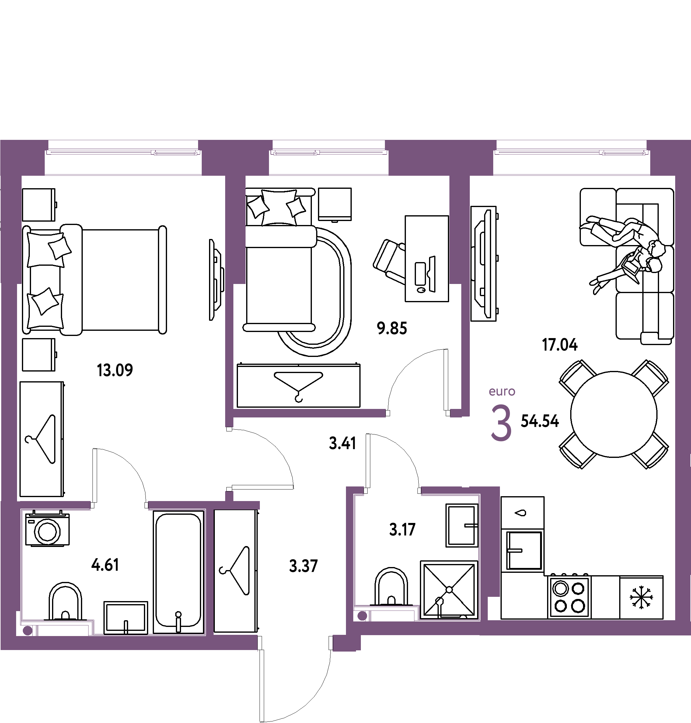 ЖК "Европейский берег 2.0"-3-комнатная 54.54 м²