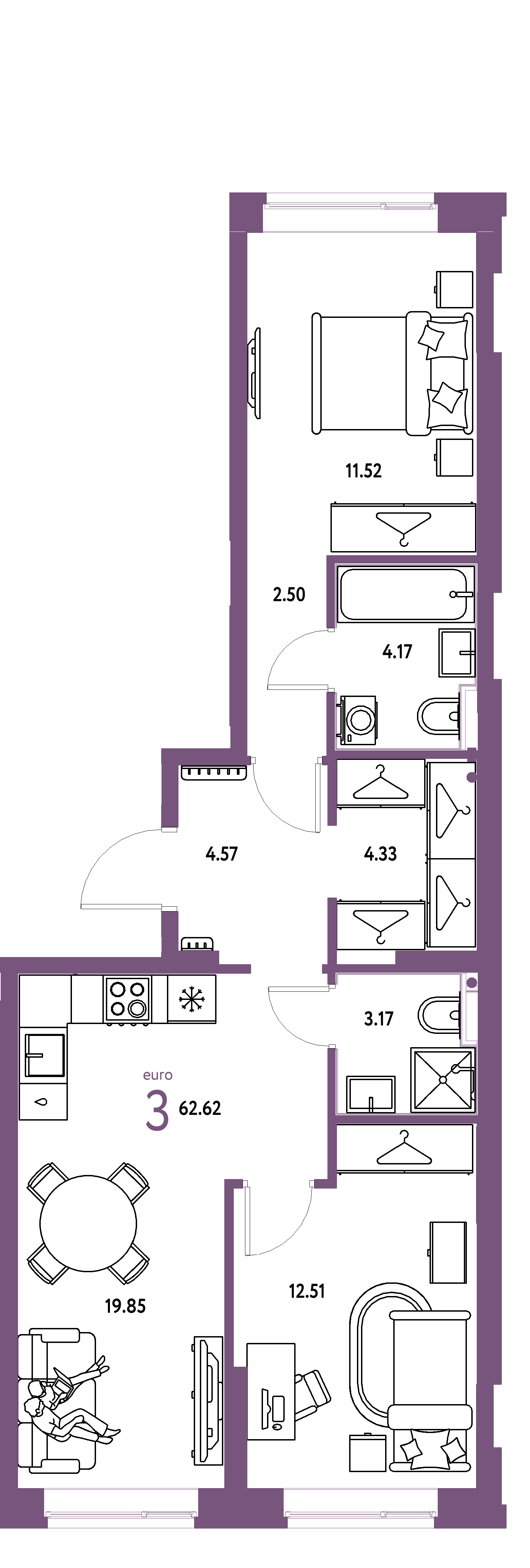 ЖК "Европейский берег 2.0"-3-комнатная 62.62 м²