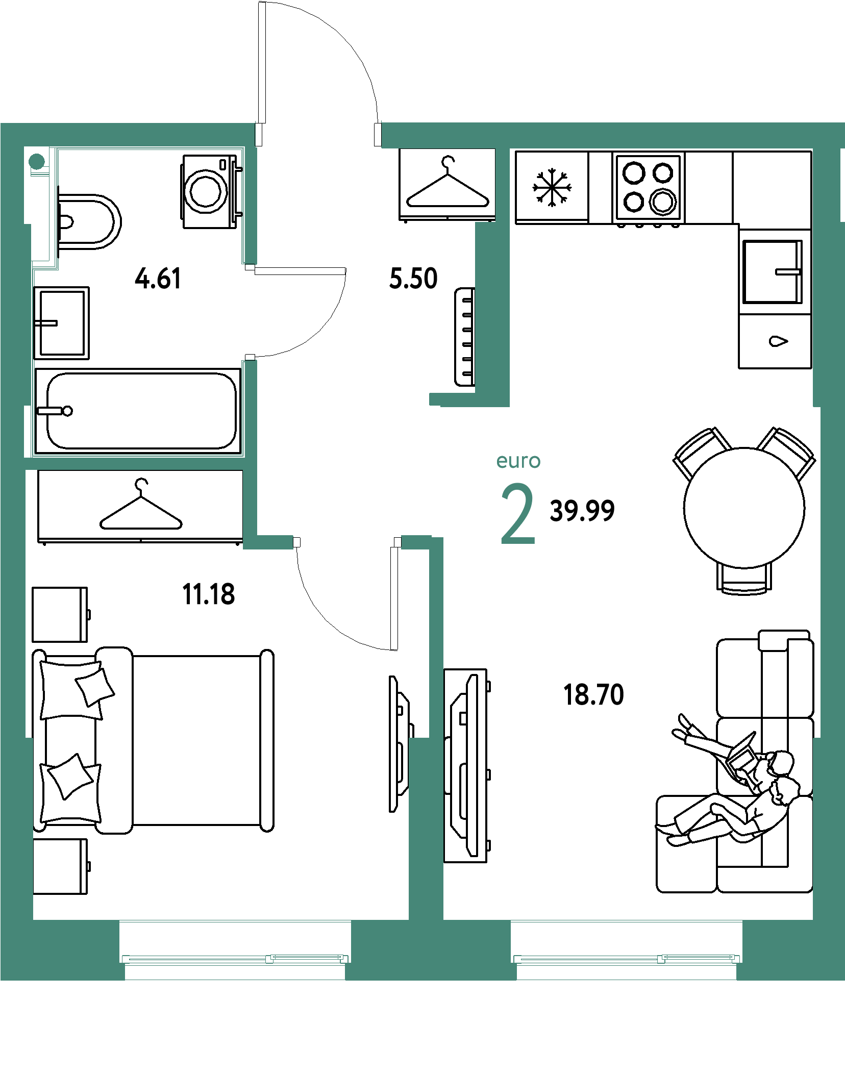 ЖК "Европейский берег 2.0"-2-комнатная 39.99 м²