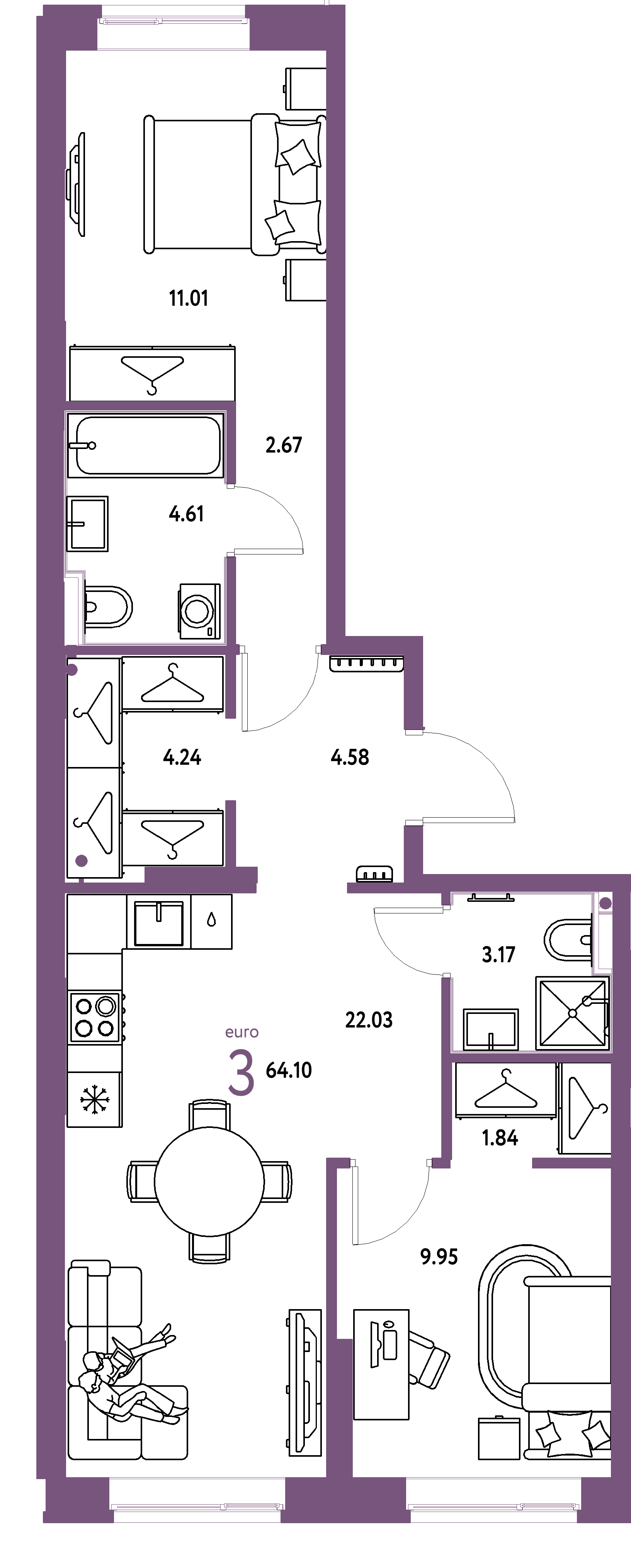 ЖК "Европейский берег 2.0"-3-комнатная 64.1 м²