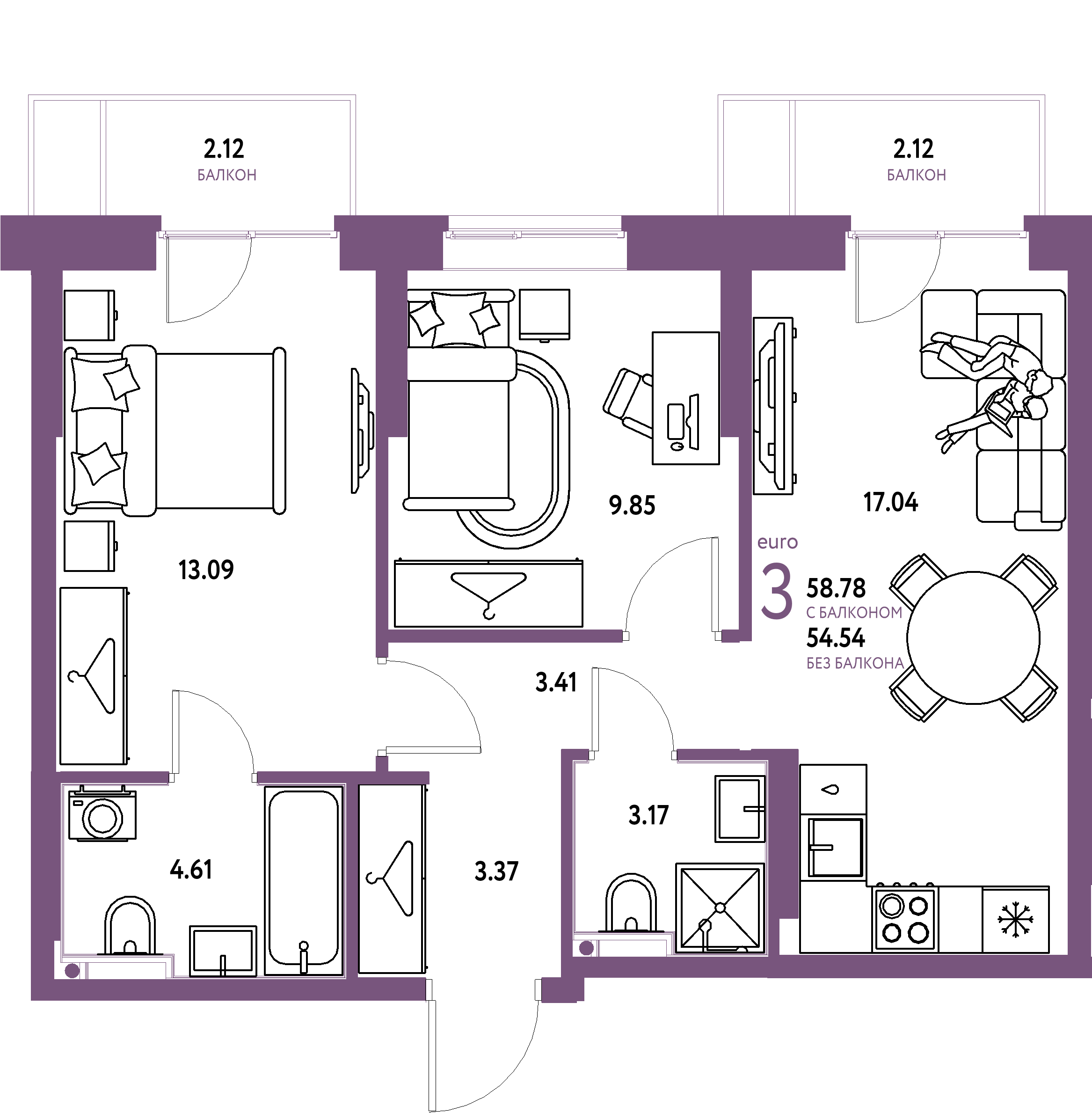ЖК "Европейский берег 2.0"-3-комнатная 58.78 м²