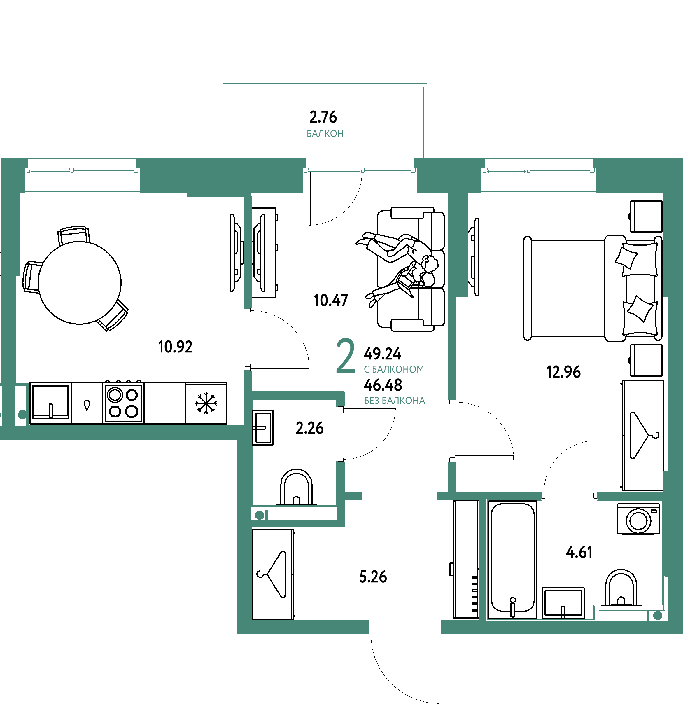 ЖК "Европейский берег 2.0"-2-комнатная 49.24 м²
