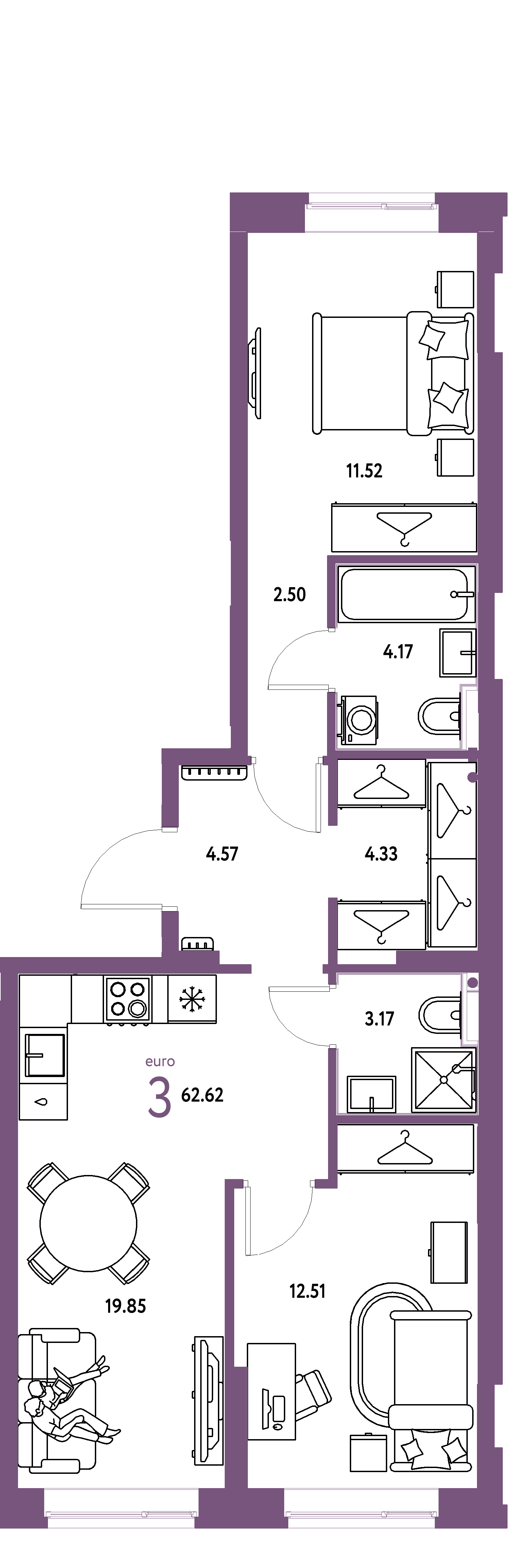 ЖК "Европейский берег 2.0"-3-комнатная 62.62 м²