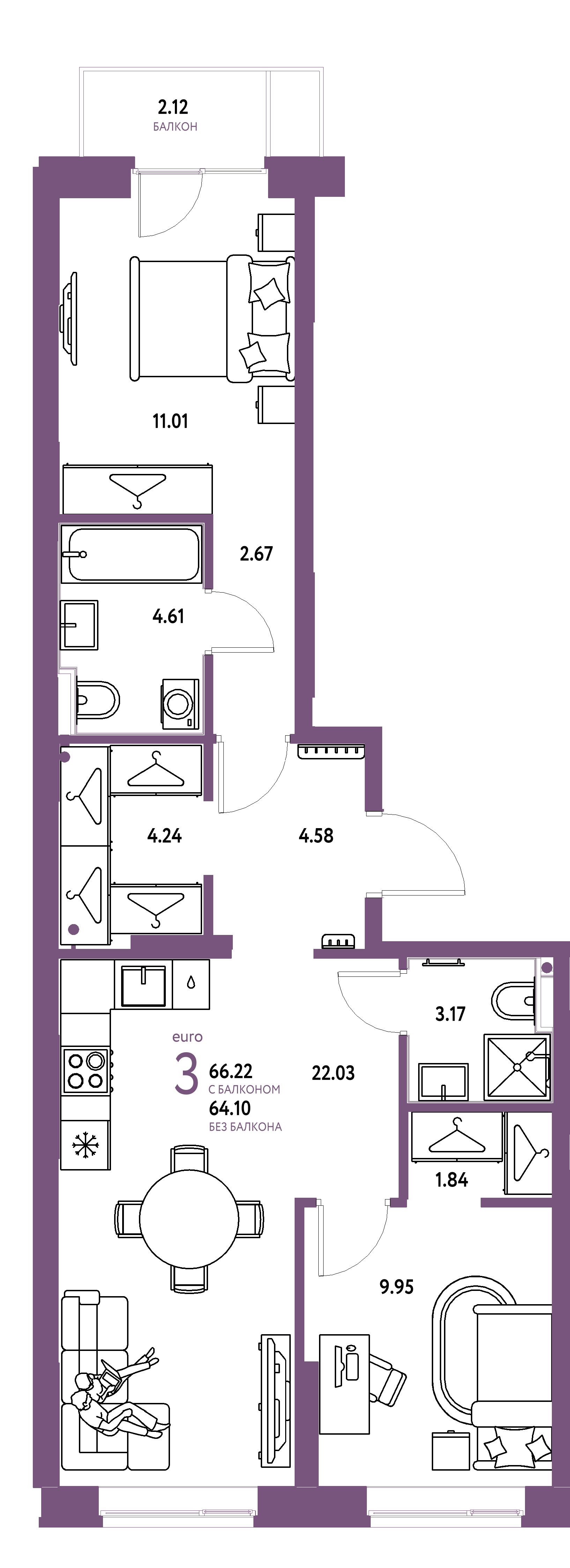 ЖК "Европейский берег 2.0"-3-комнатная 66.22 м²