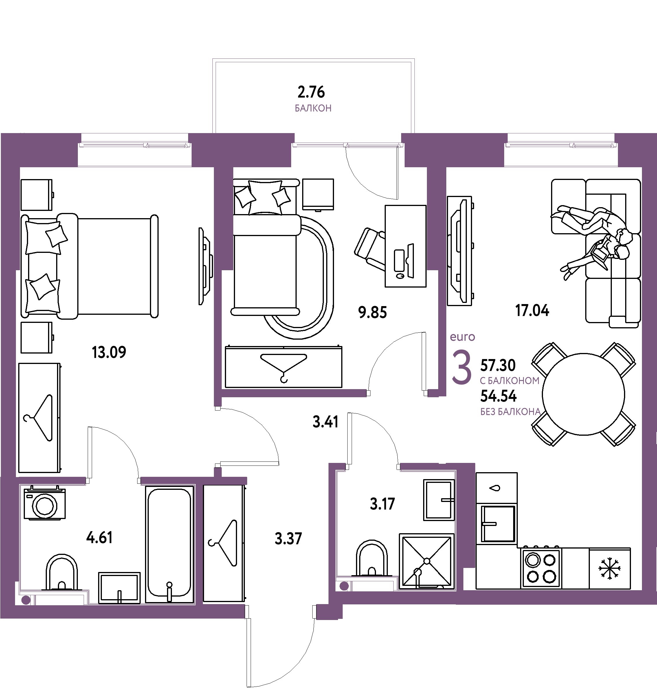 ЖК "Европейский берег 2.0"-3-комнатная 57.3 м²