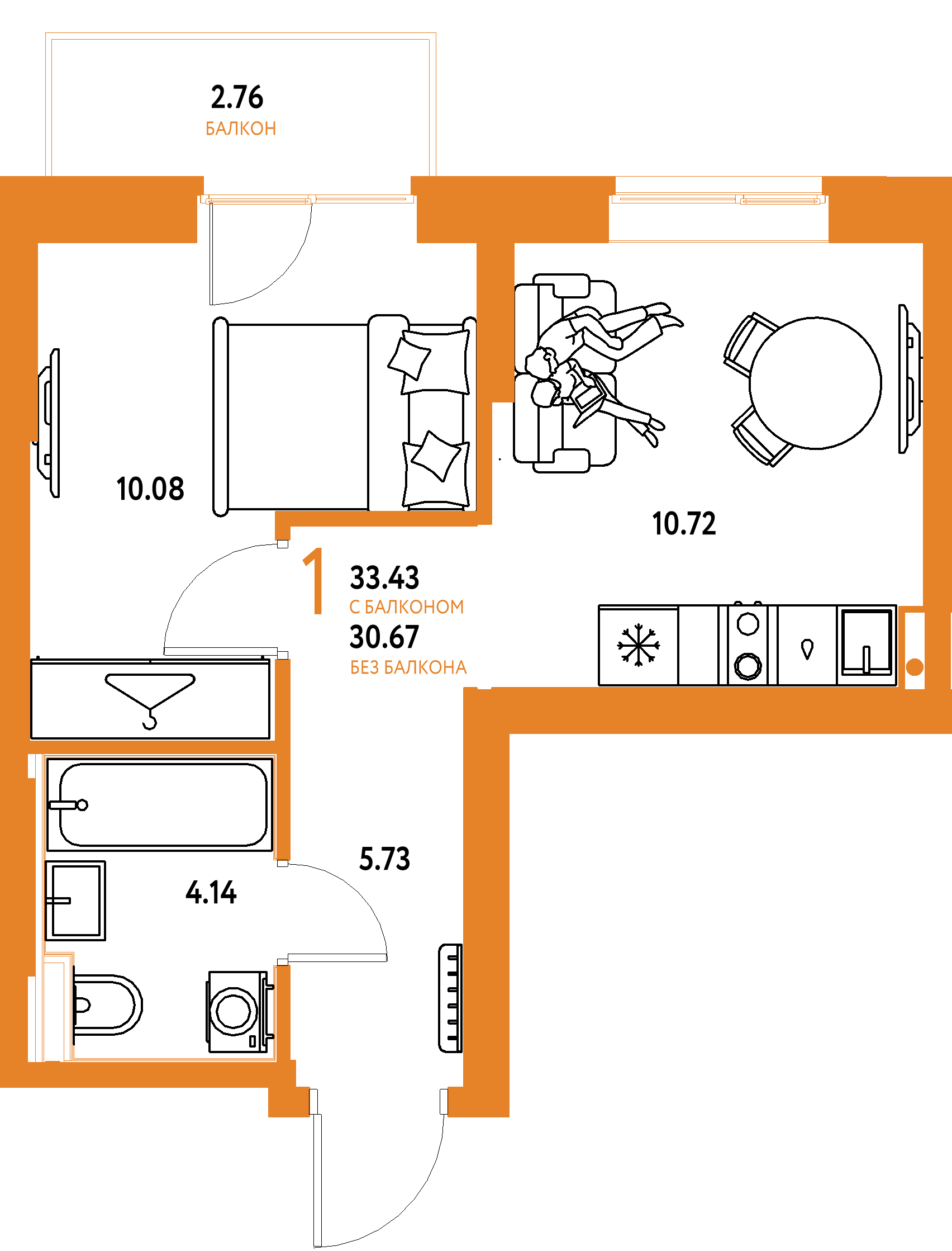 ЖК "Европейский берег 2.0"-1-комнатная 33.43 м²