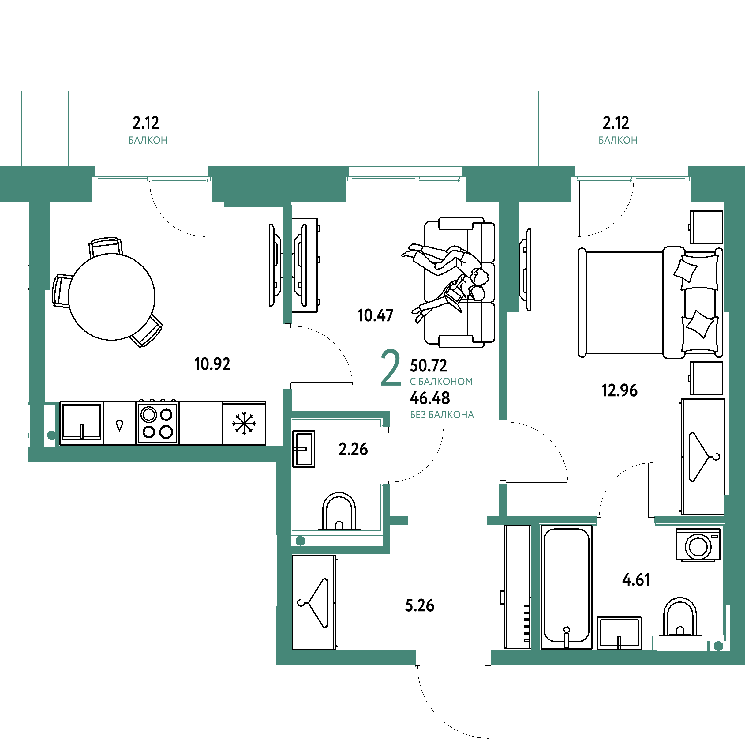 ЖК "Европейский берег 2.0"-2-комнатная 50.72 м²