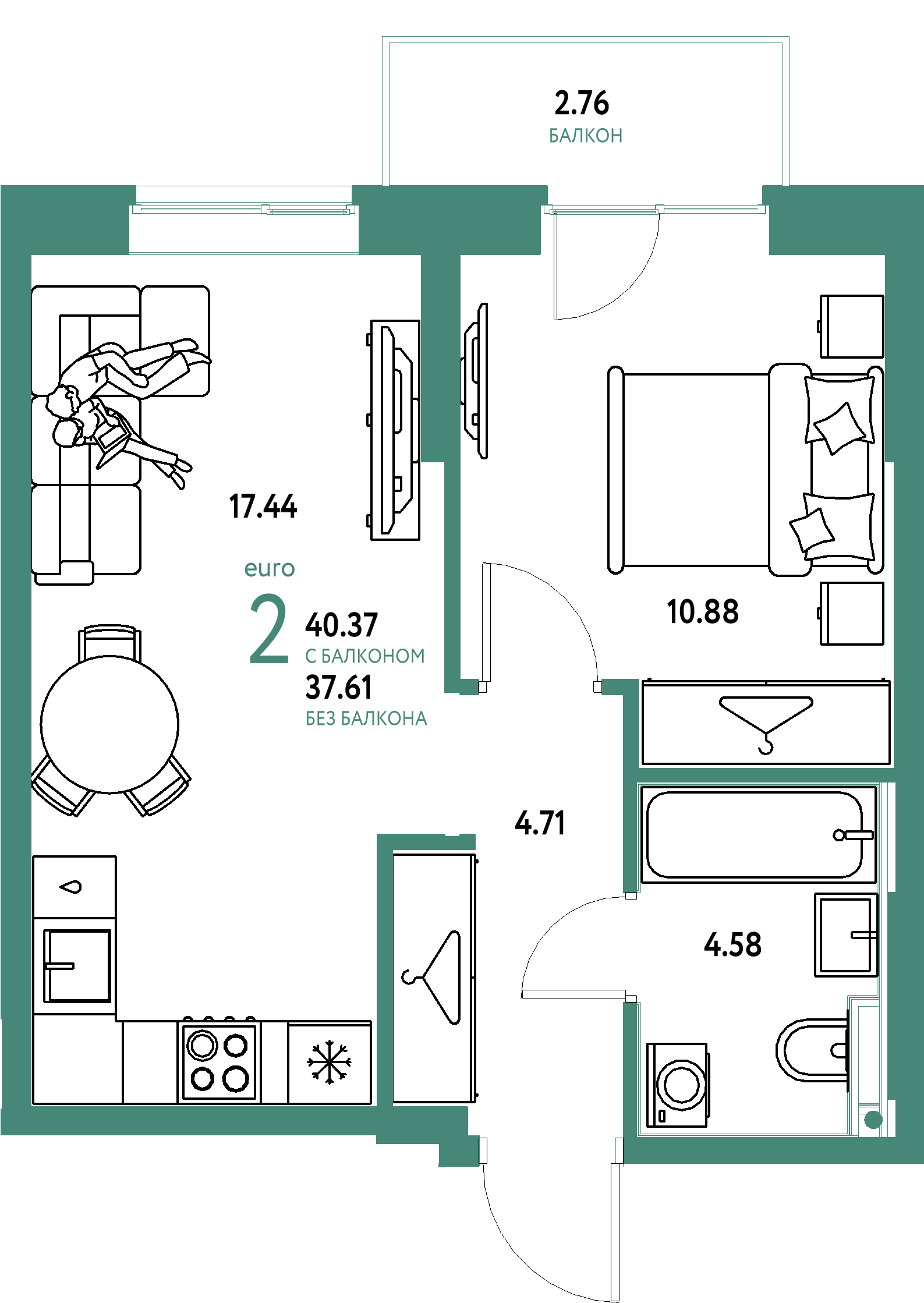 ЖК "Европейский берег 2.0"-2-комнатная 40.37 м²