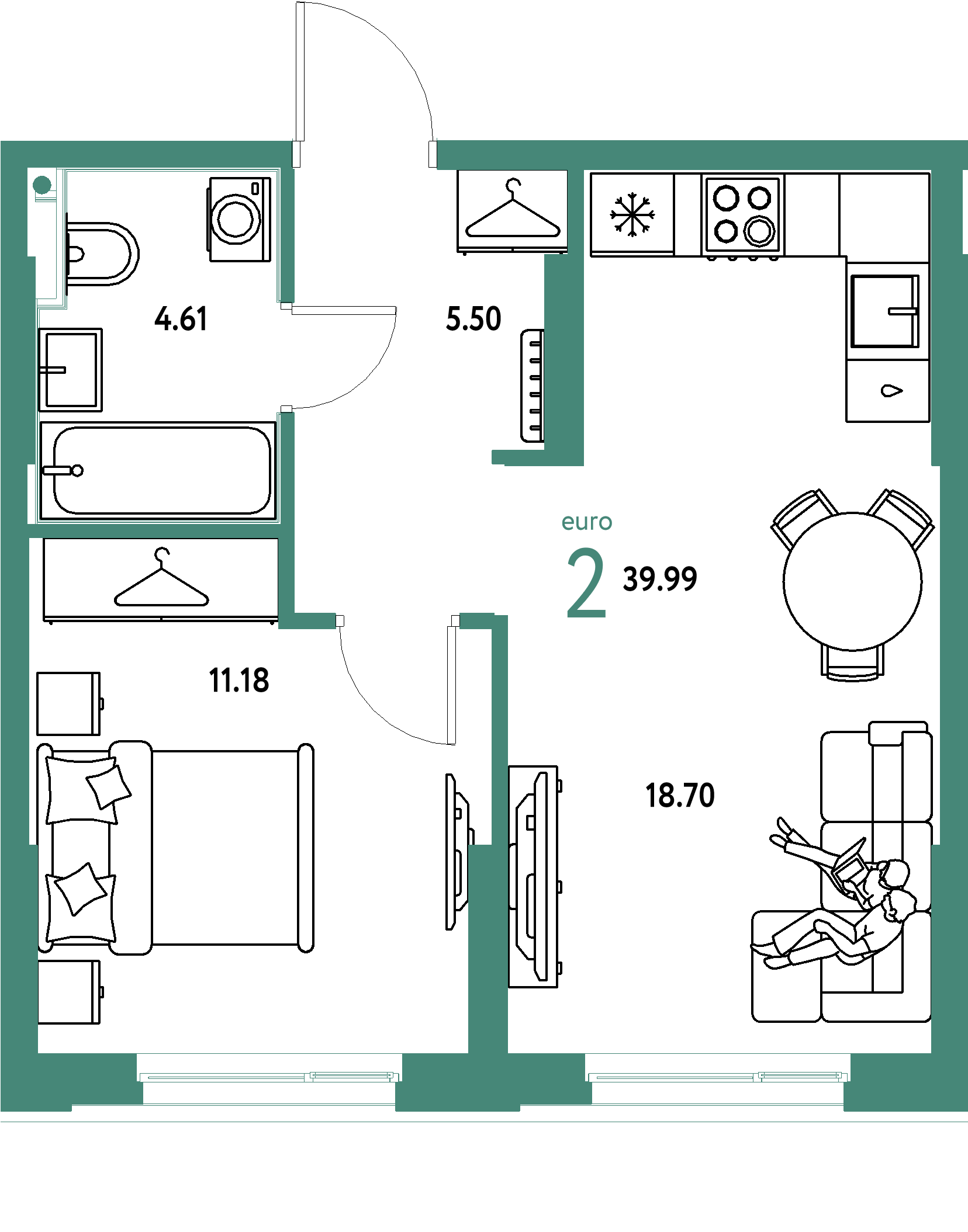 ЖК "Европейский берег 2.0"-2-комнатная 39.99 м²
