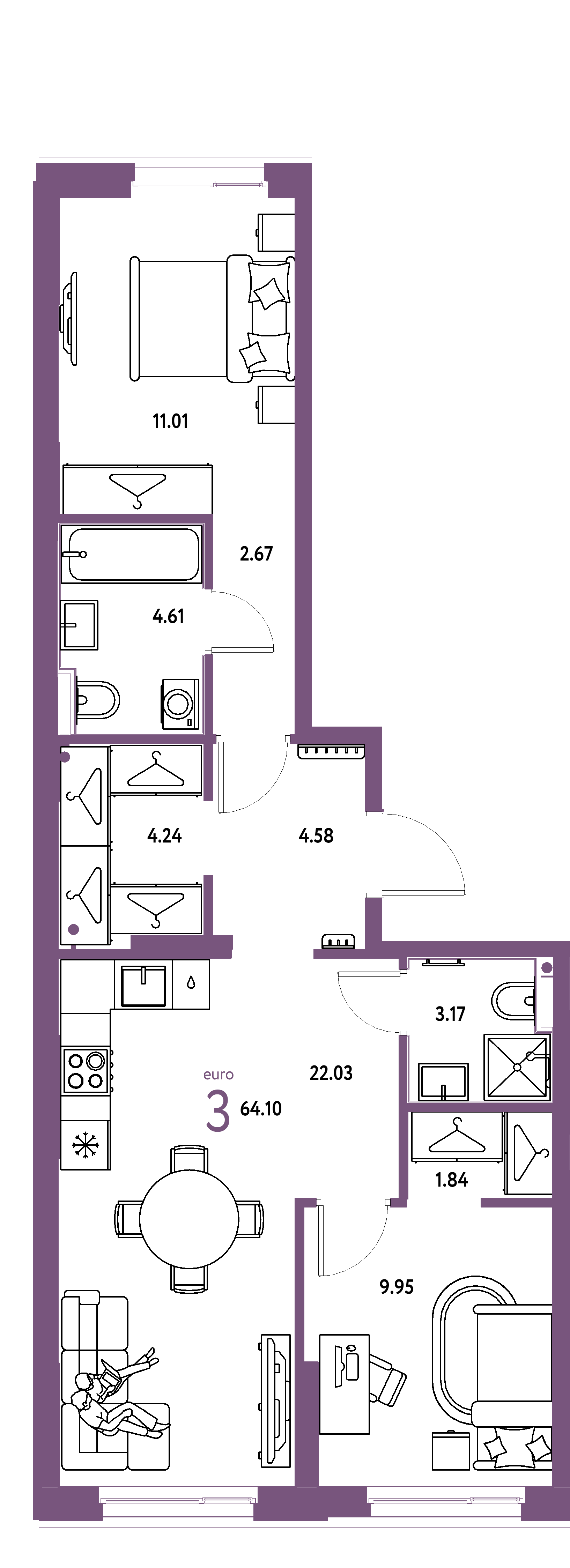 ЖК "Европейский берег 2.0"-3-комнатная 64.1 м²