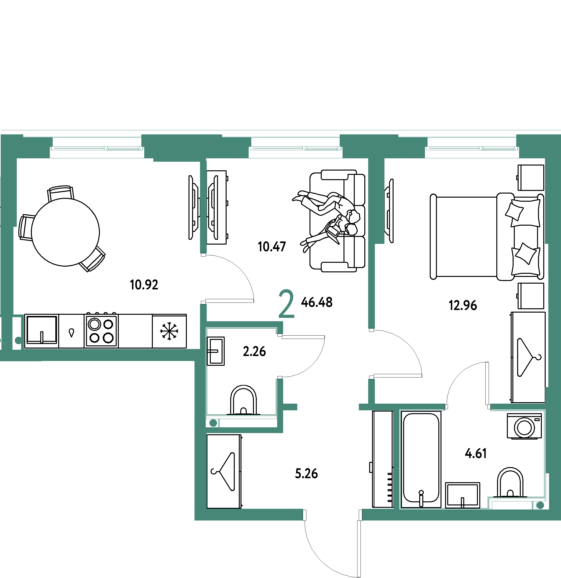 ЖК "Европейский берег 2.0"-2-комнатная 46.48 м²