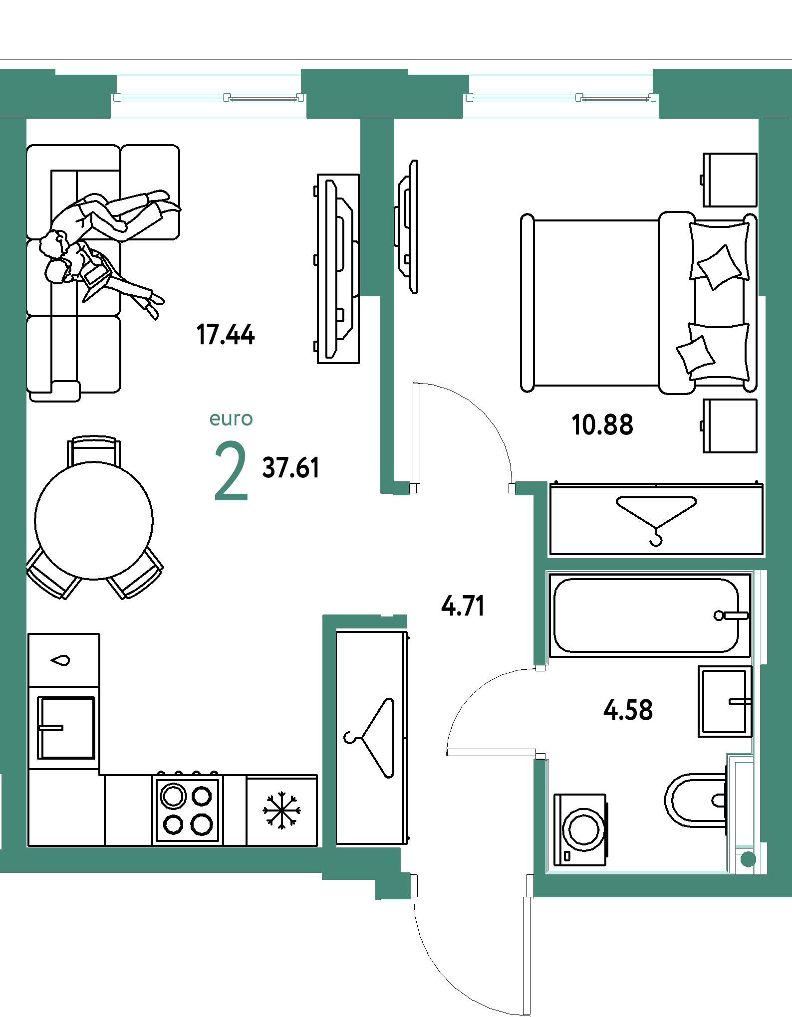 ЖК "Европейский берег 2.0"-2-комнатная 37.61 м²
