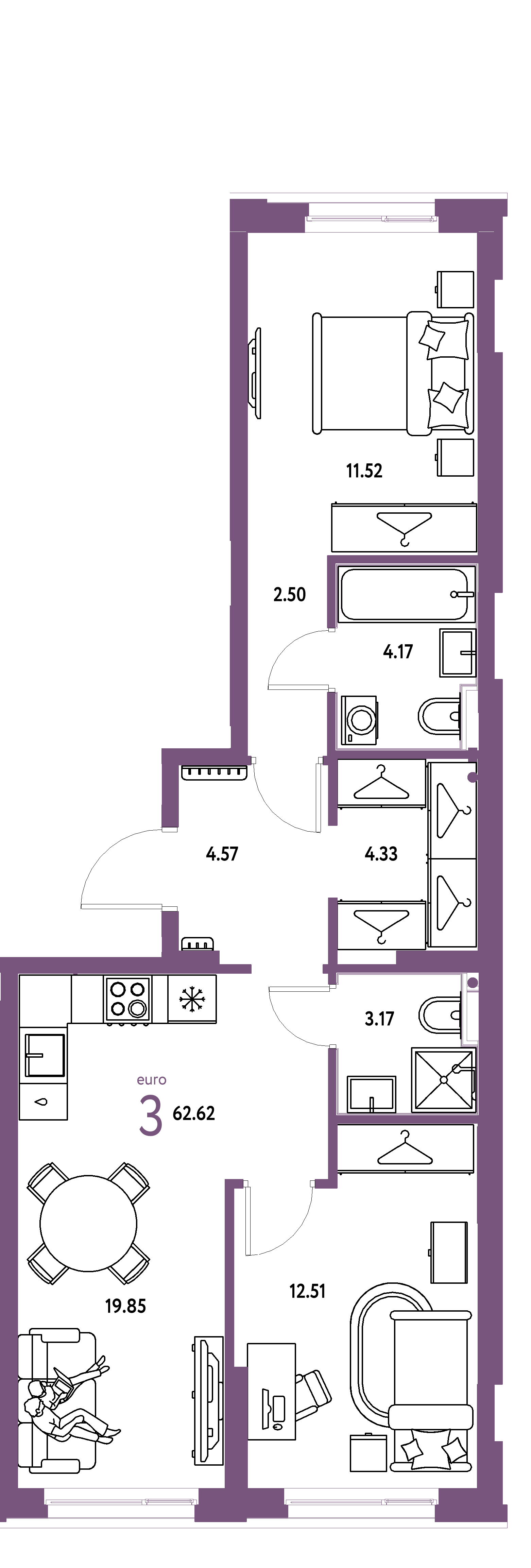 ЖК "Европейский берег 2.0"-3-комнатная 62.62 м²