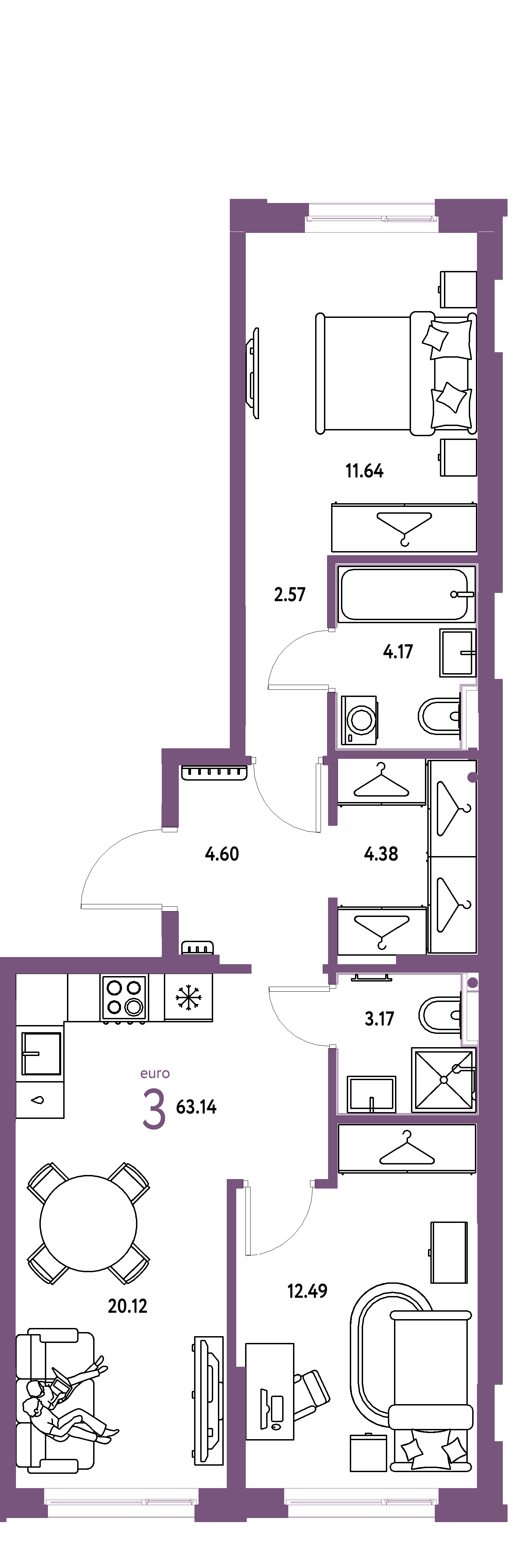 ЖК "Европейский берег 2.0"-3-комнатная 63.14 м²