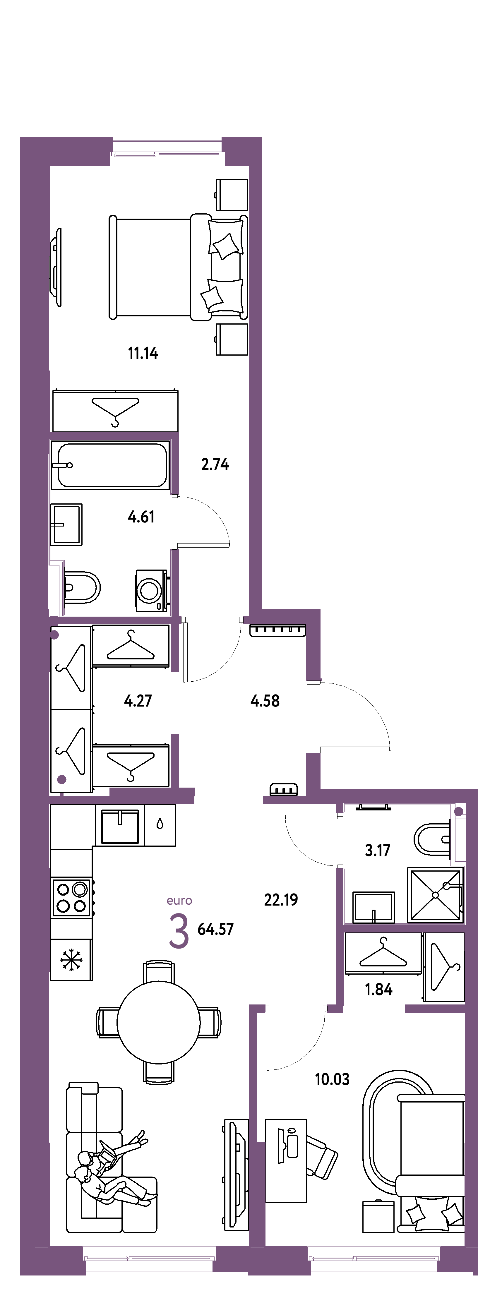 ЖК "Европейский берег 2.0"-3-комнатная 64.57 м²