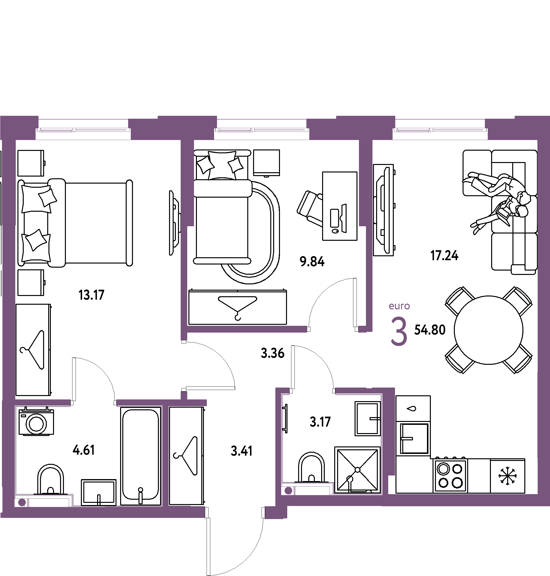 ЖК "Европейский берег 2.0"-3-комнатная 54.8 м²