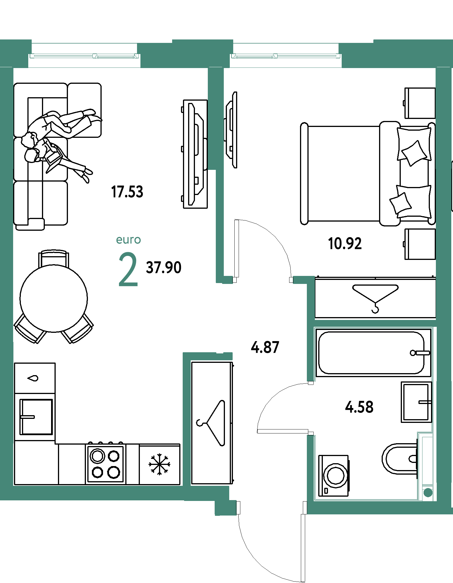 ЖК "Европейский берег 2.0"-2-комнатная 37.9 м²