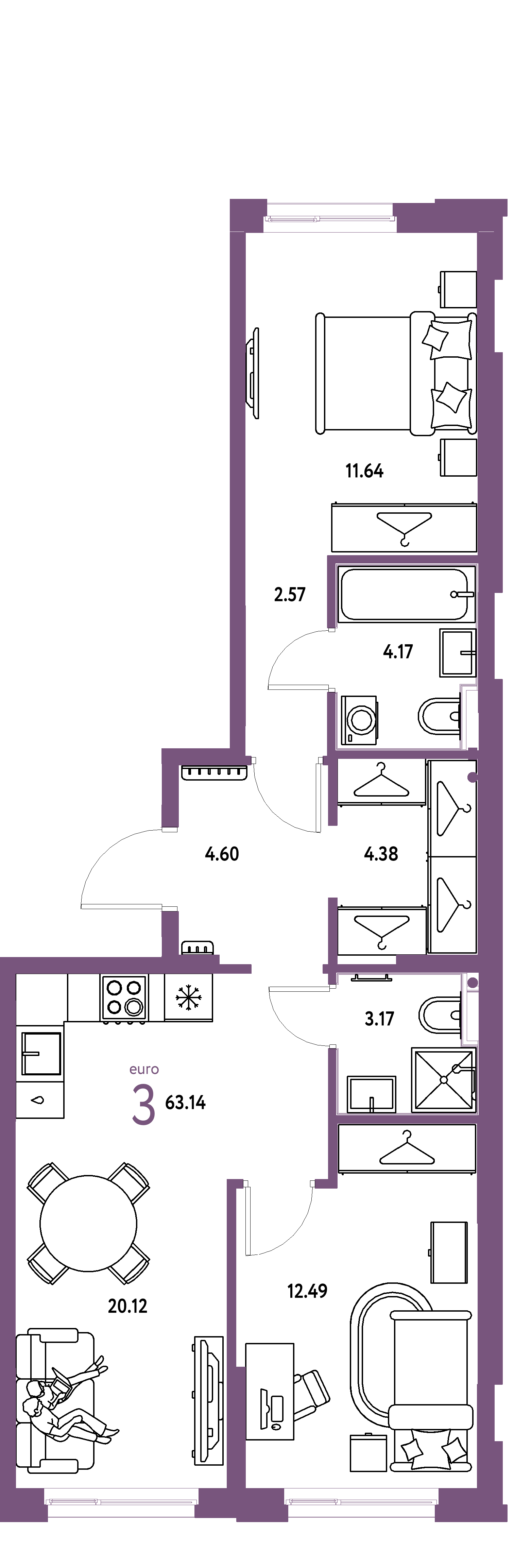 ЖК "Европейский берег 2.0"-3-комнатная 63.14 м²