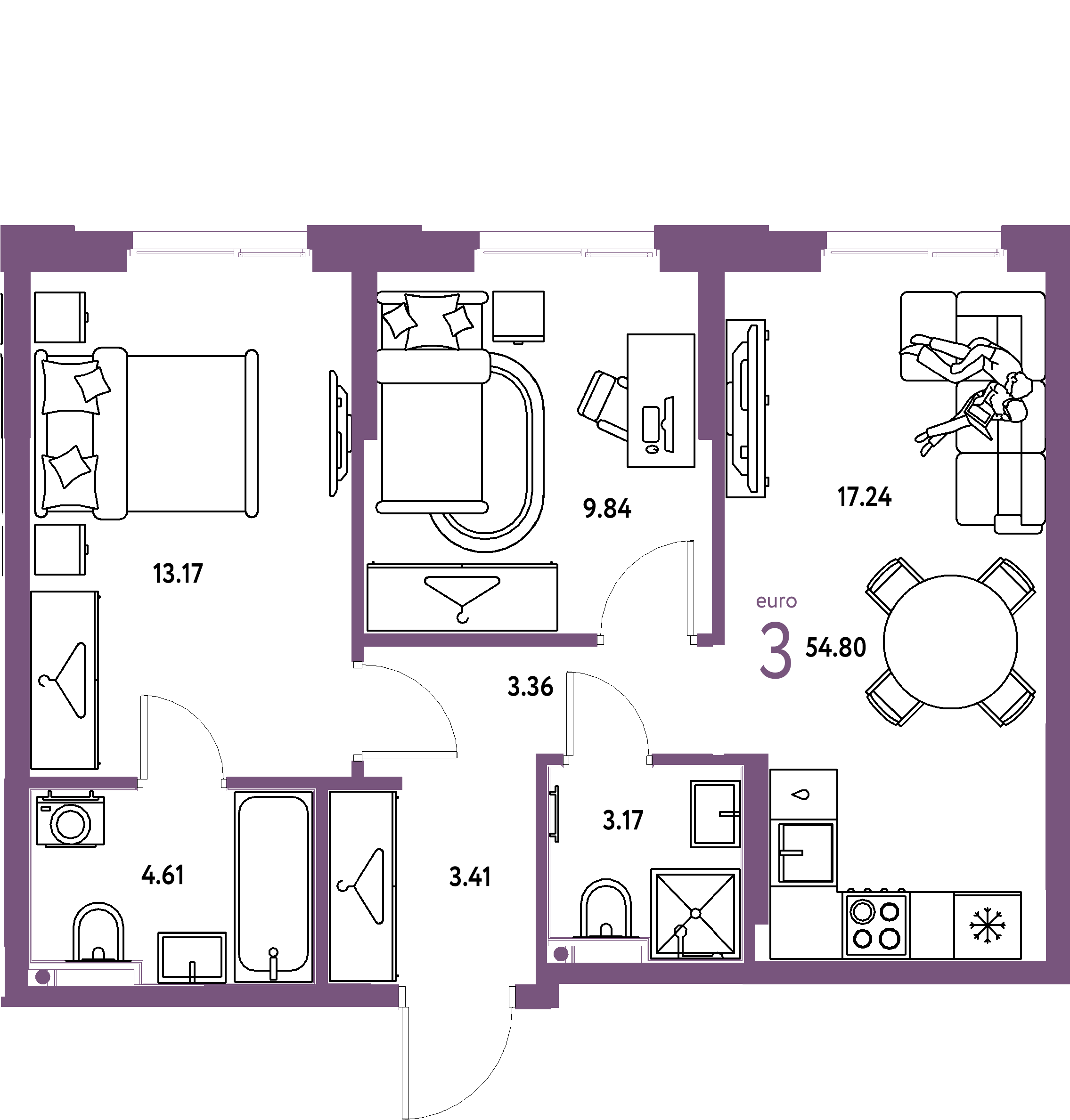 ЖК "Европейский берег 2.0"-3-комнатная 54.8 м²