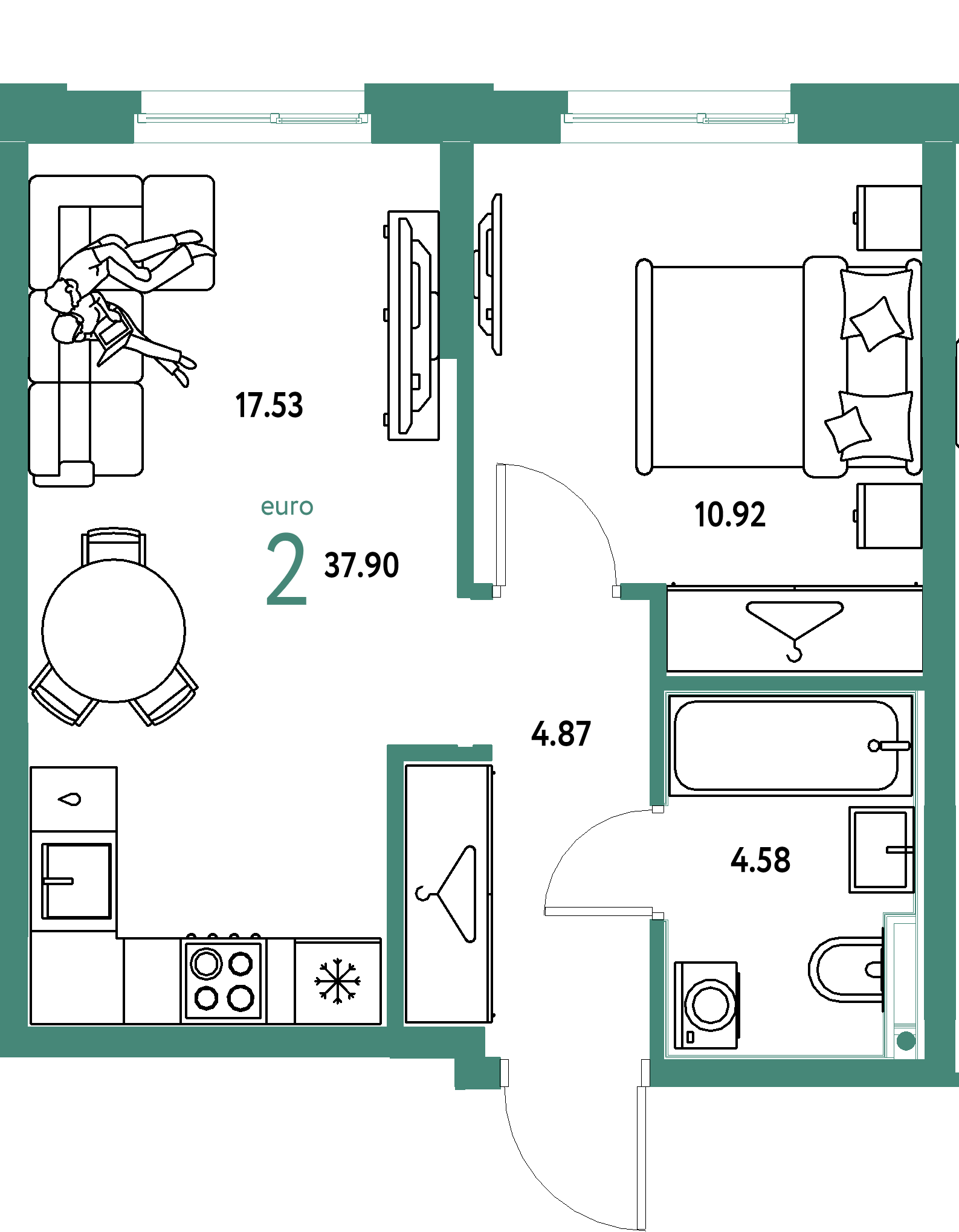 ЖК "Европейский берег 2.0"-2-комнатная 37.9 м²