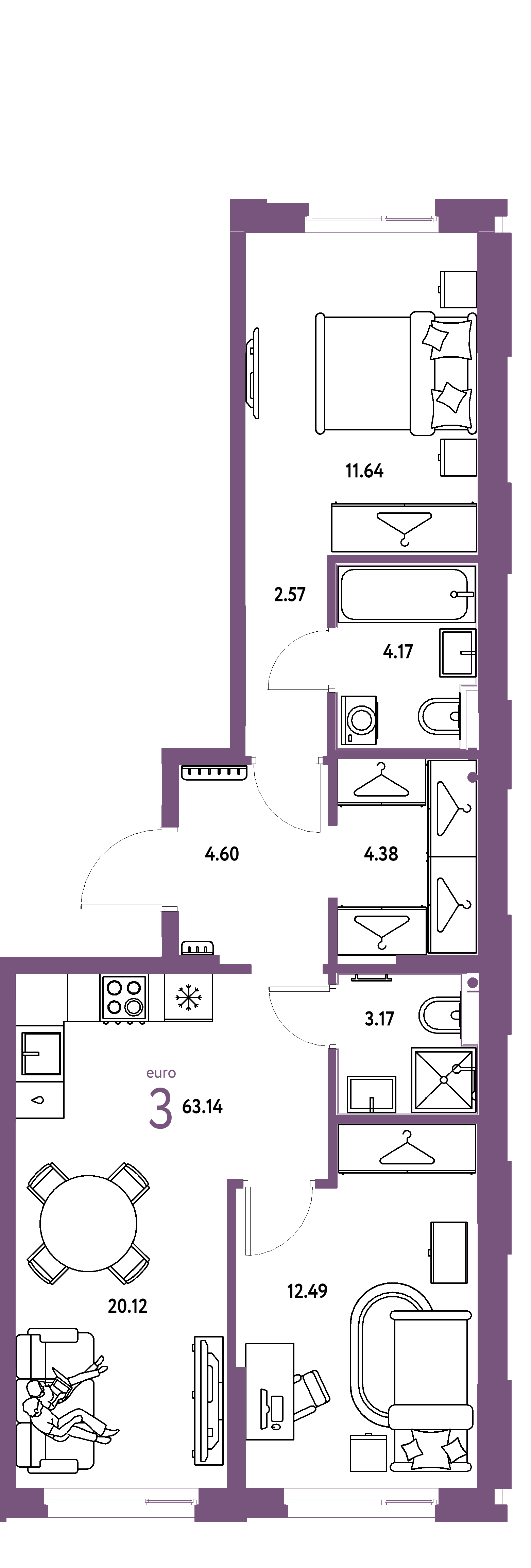 ЖК "Европейский берег 2.0"-3-комнатная 63.14 м²