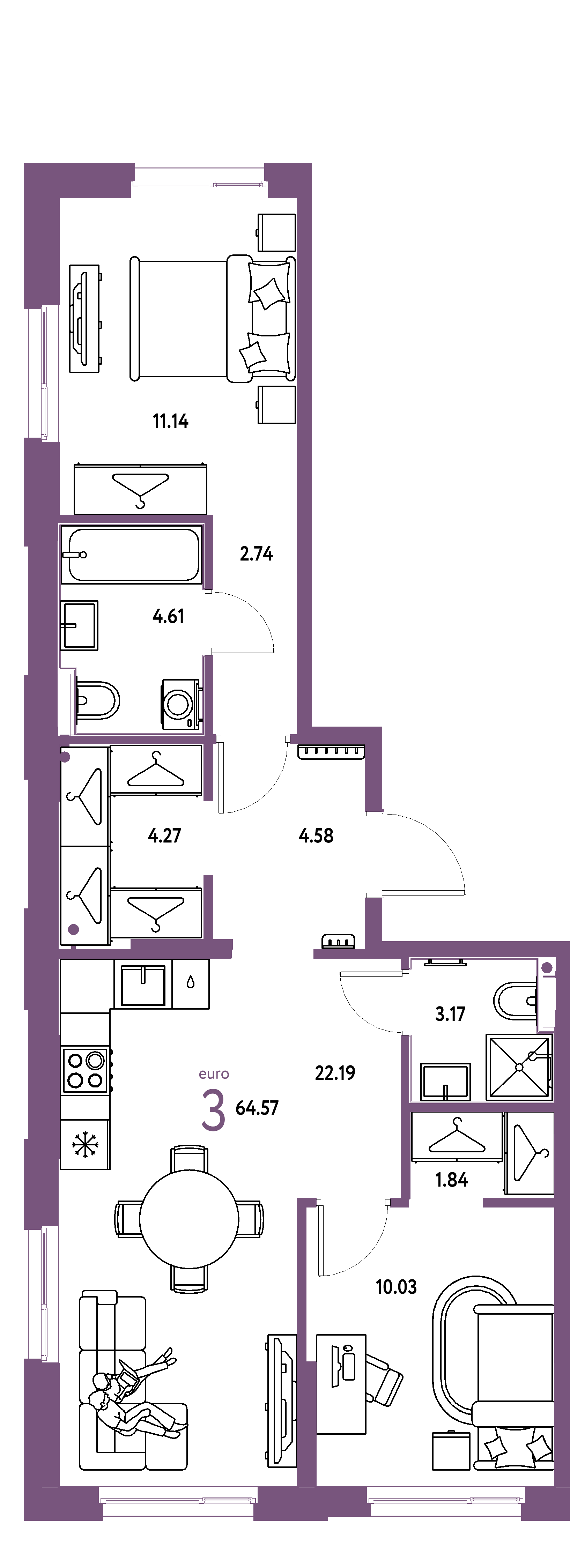 ЖК "Европейский берег 2.0"-3-комнатная 64.57 м²