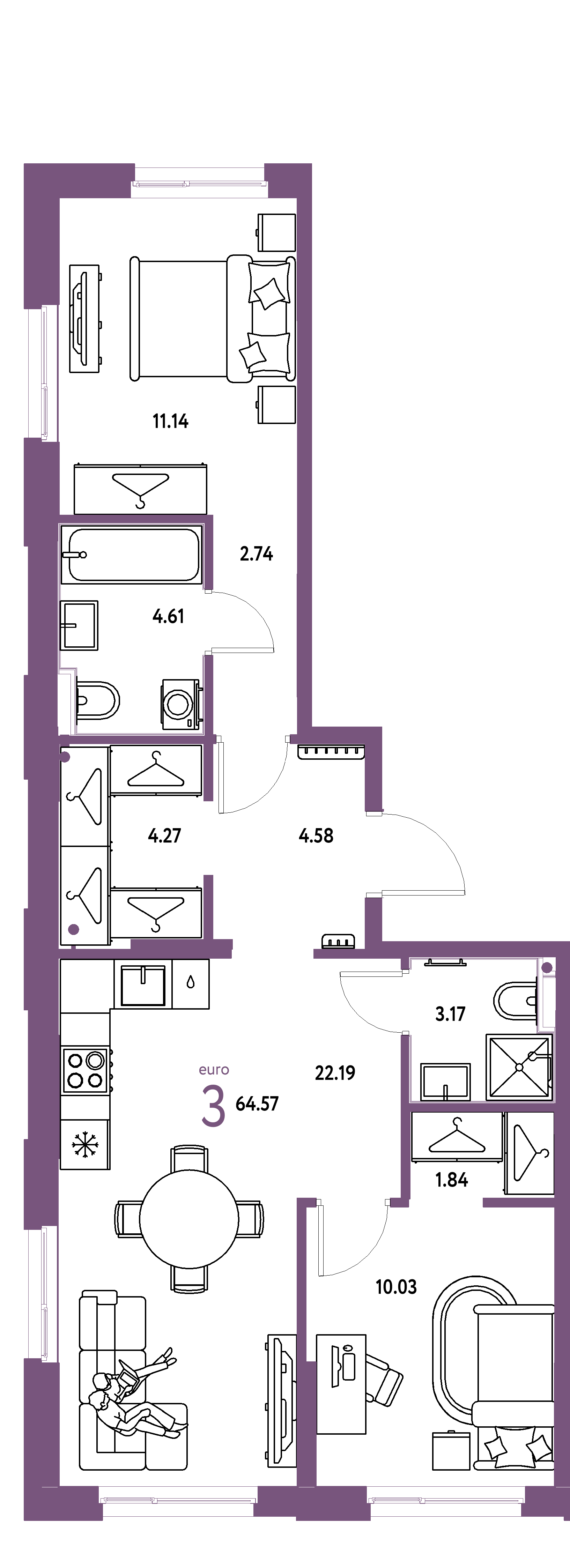 ЖК "Европейский берег 2.0"-3-комнатная 64.57 м²