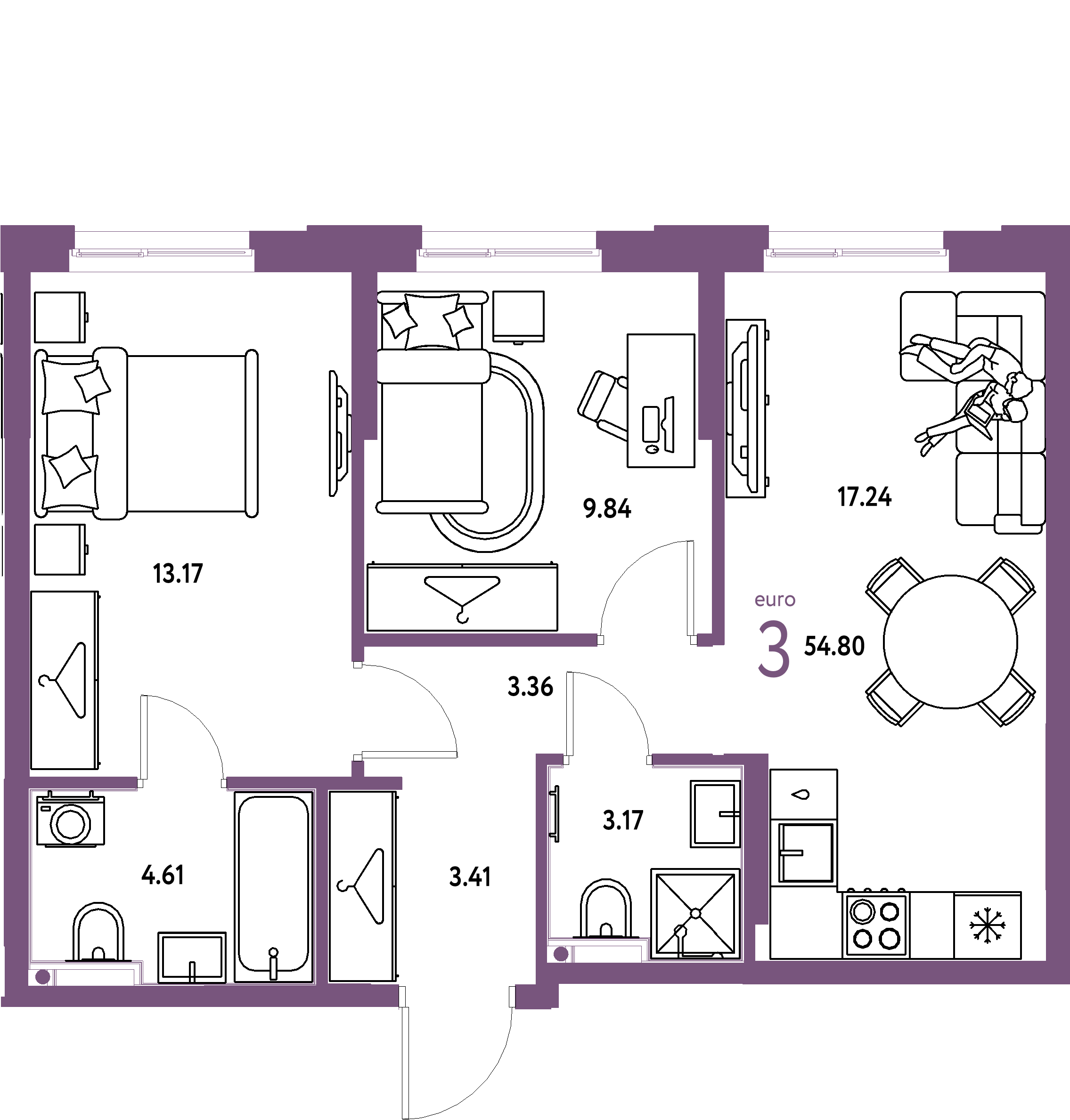 ЖК "Европейский берег 2.0"-3-комнатная 54.8 м²