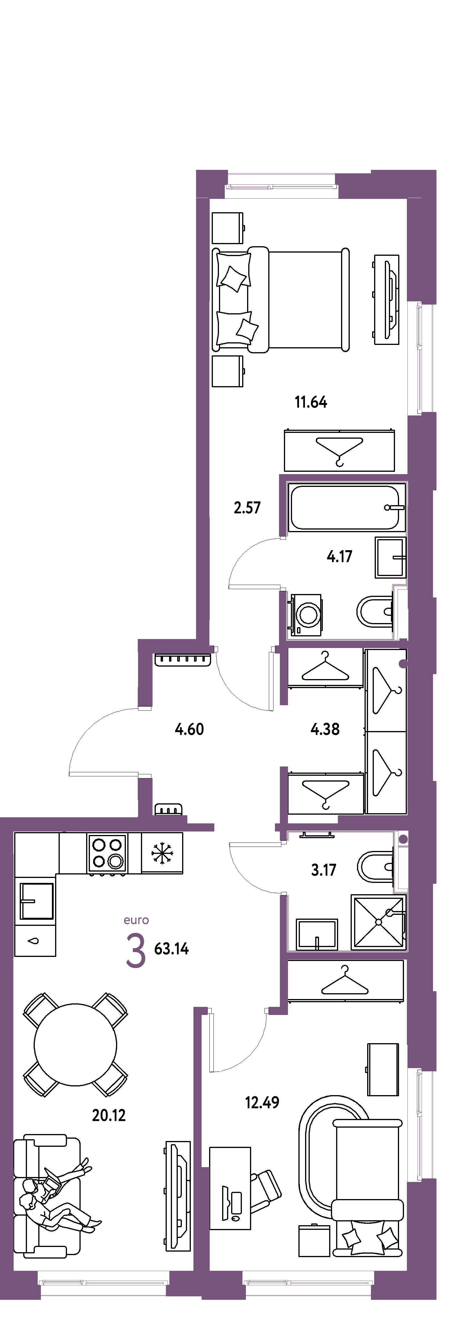 ЖК "Европейский берег 2.0"-3-комнатная 63.14 м²