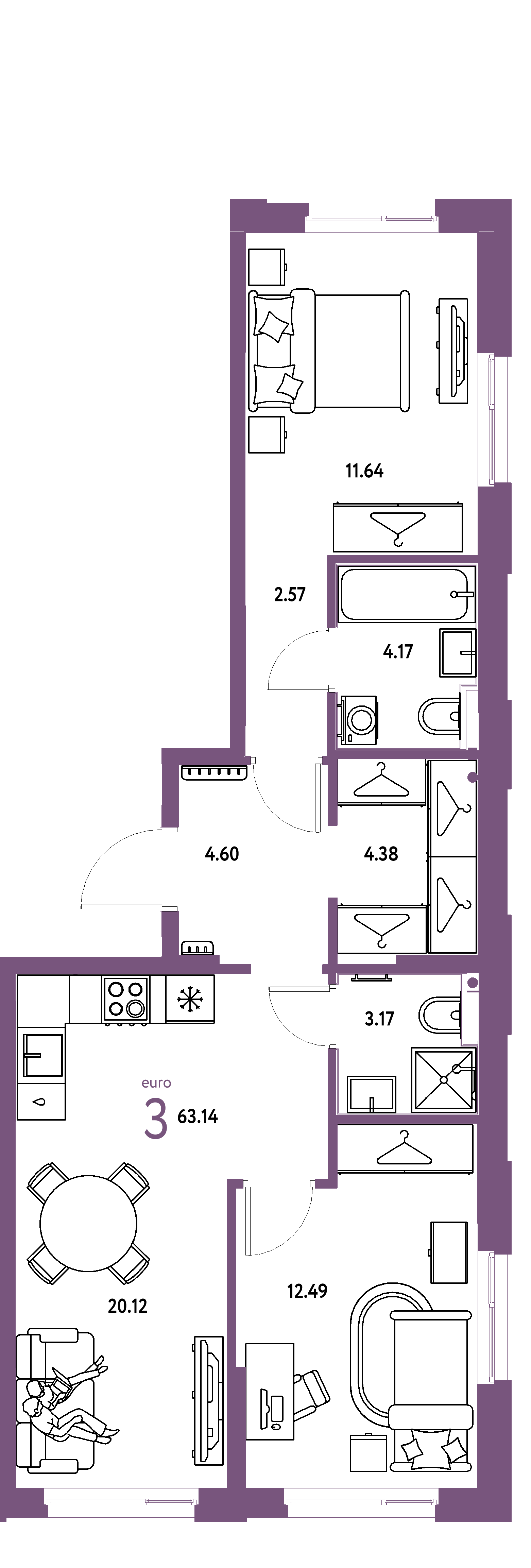 ЖК "Европейский берег 2.0"-3-комнатная 63.14 м²