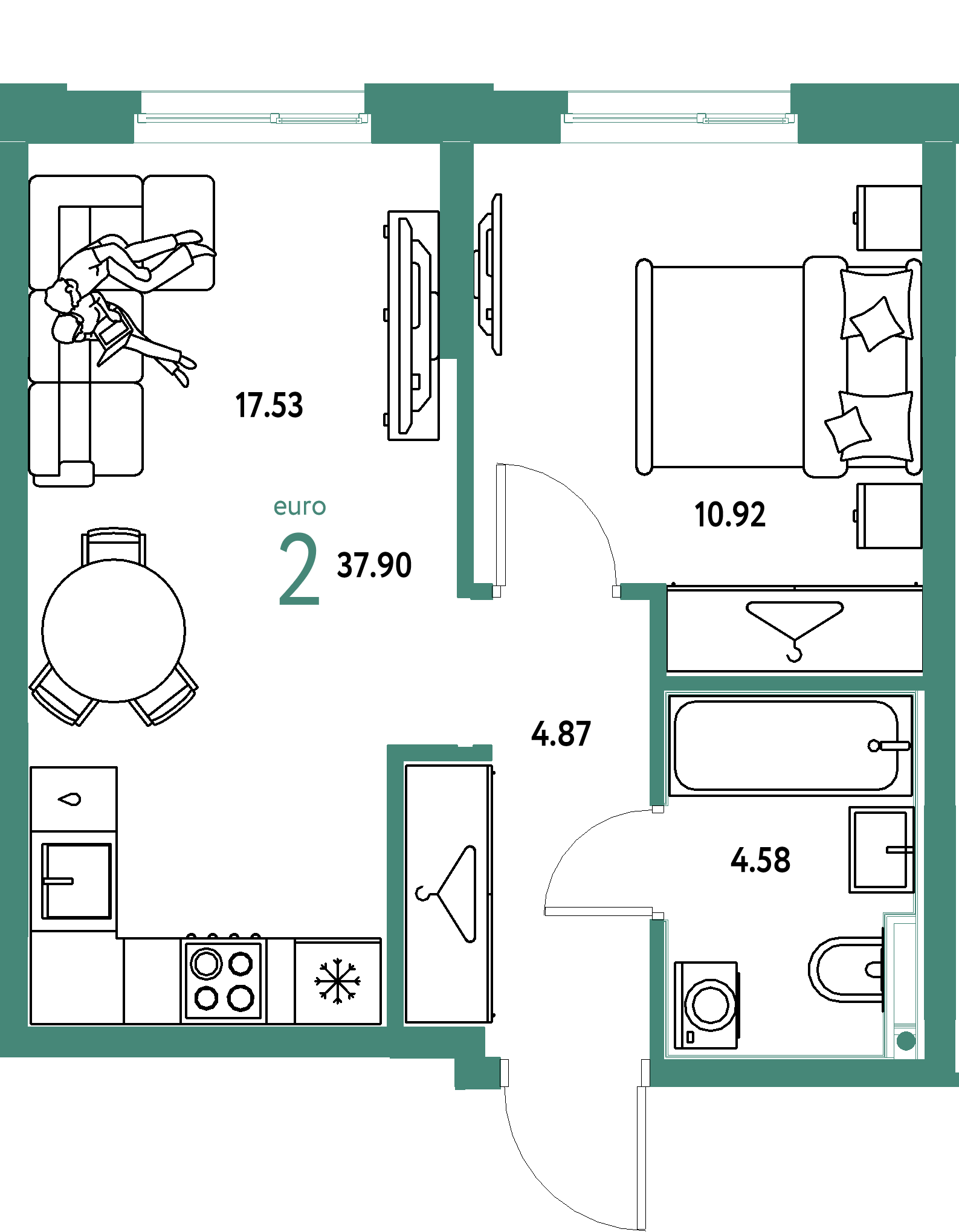 ЖК "Европейский берег 2.0"-2-комнатная 37.9 м²