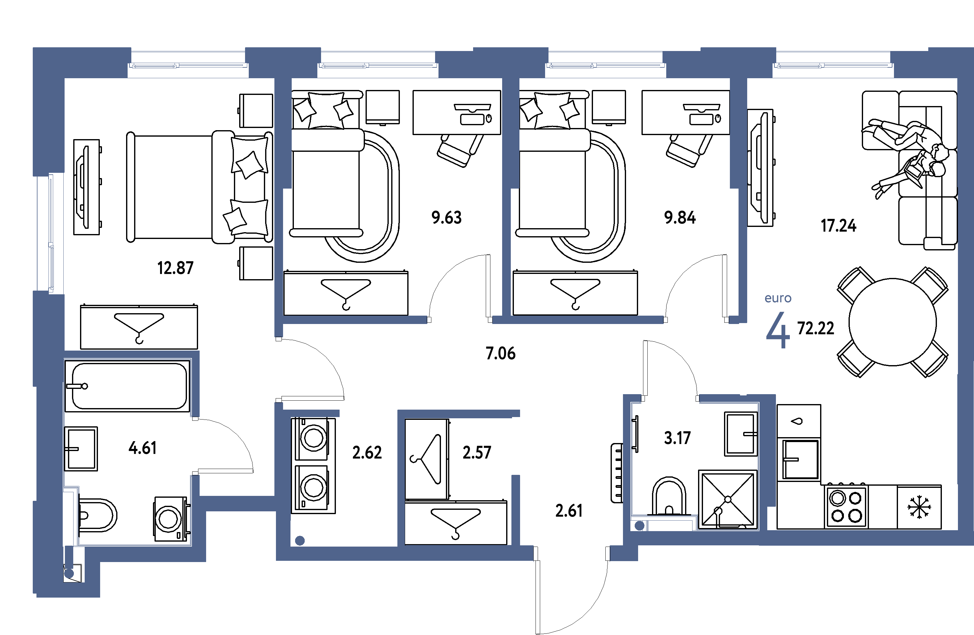 ЖК "Европейский берег 2.0"-4-комнатная 72.22 м²