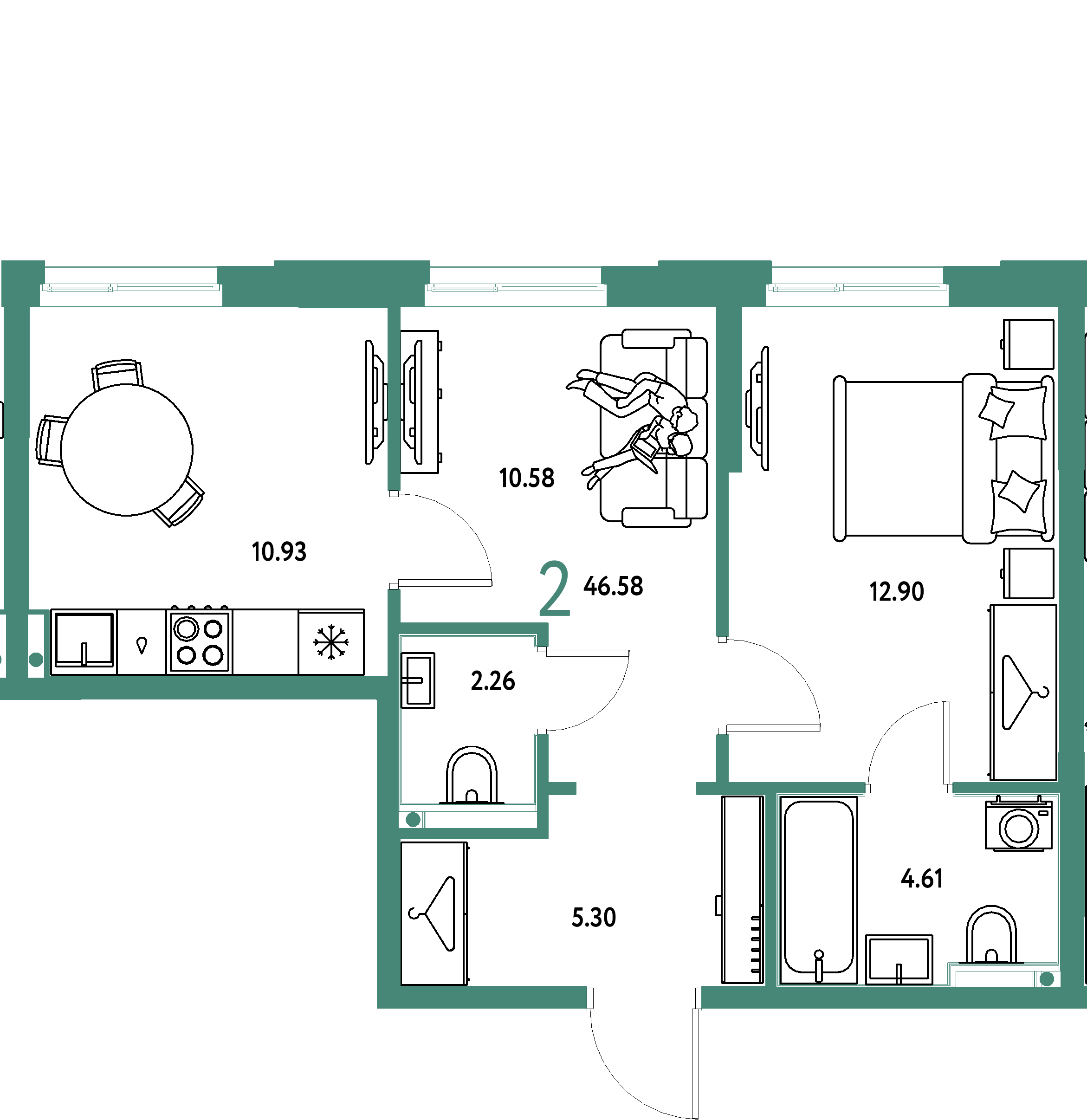 ЖК "Европейский берег 2.0"-2-комнатная 46.58 м²