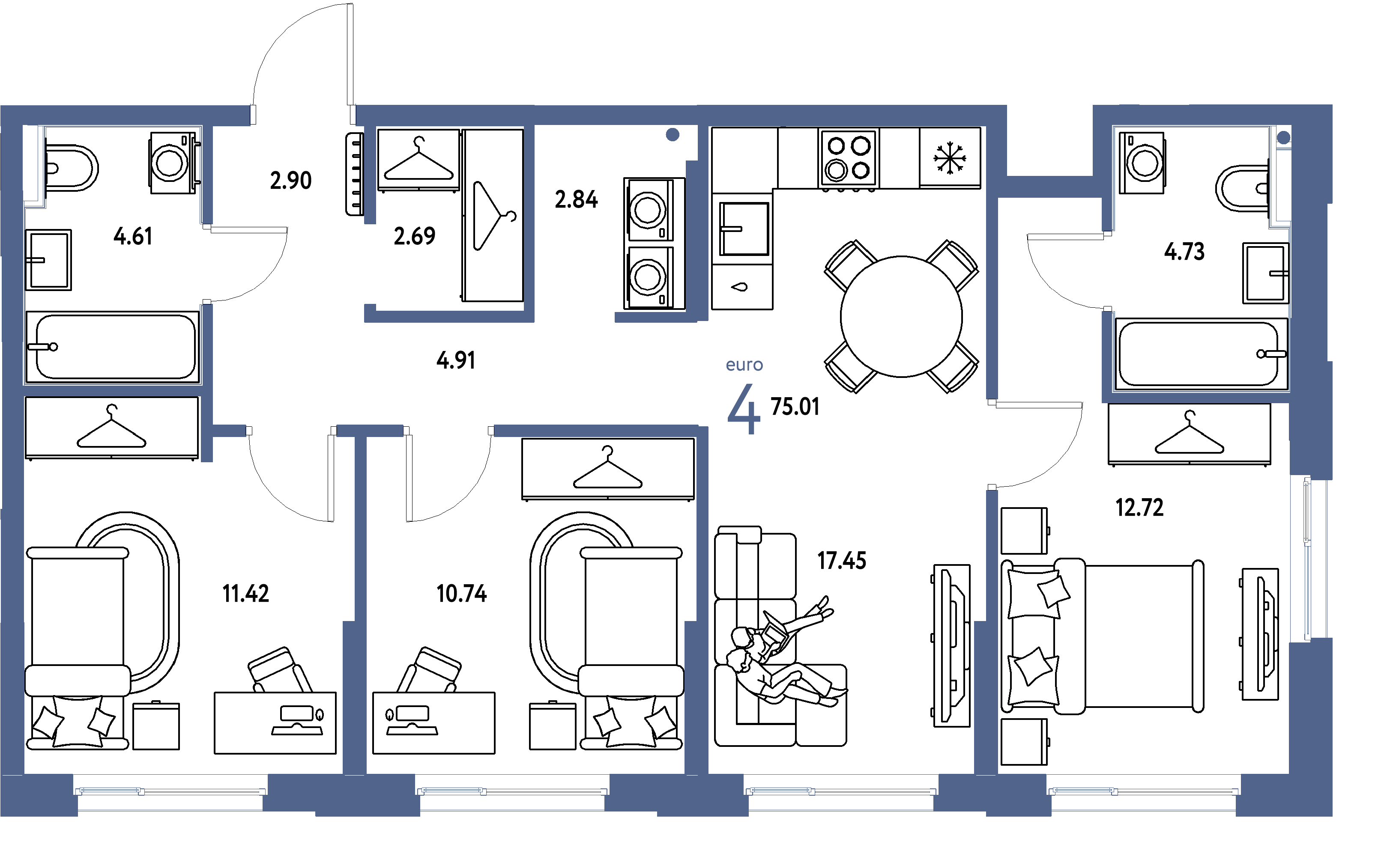 ЖК "Европейский берег 2.0"-4-комнатная 75.01 м²