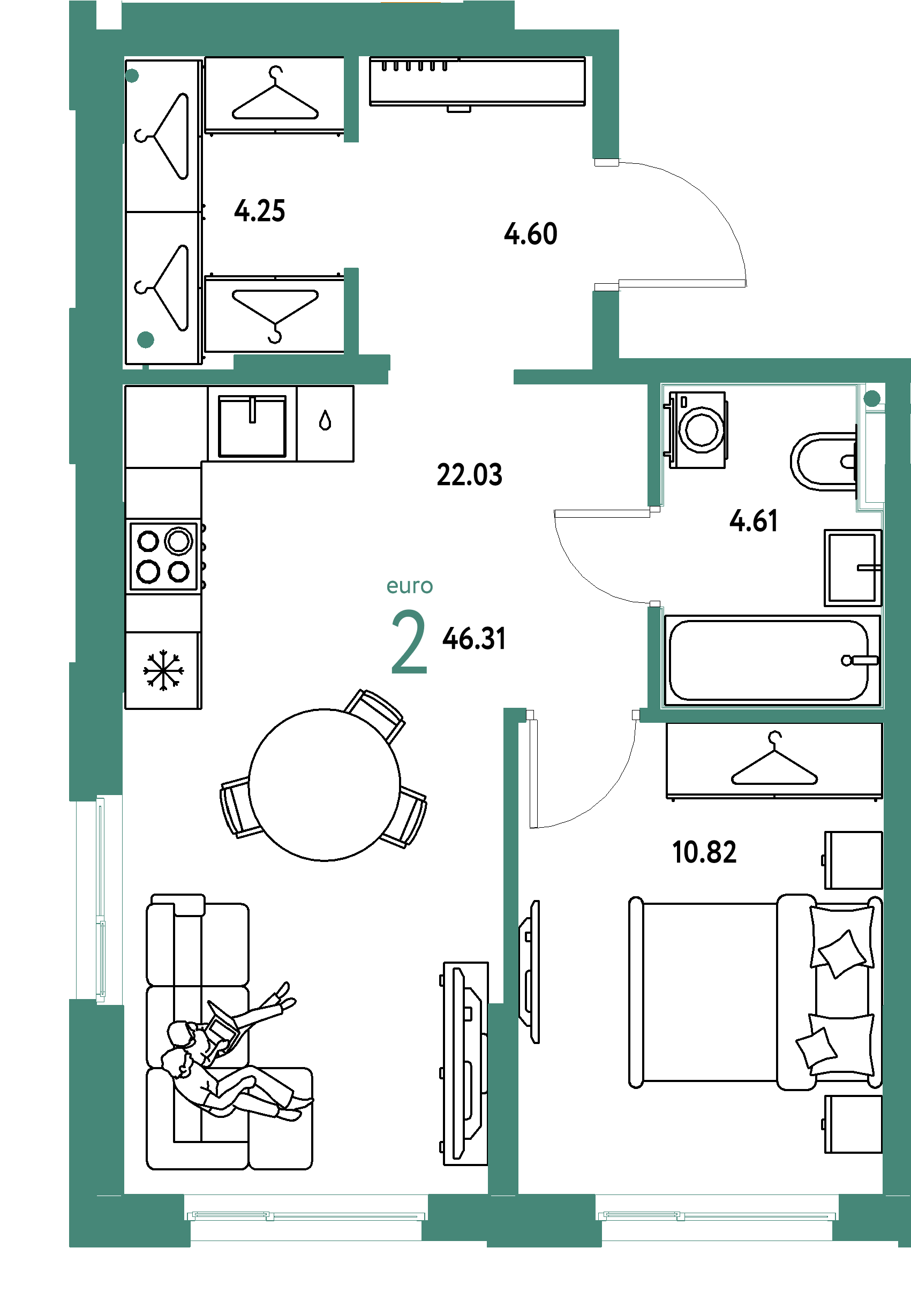 ЖК "Европейский берег 2.0"-2-комнатная 46.31 м²