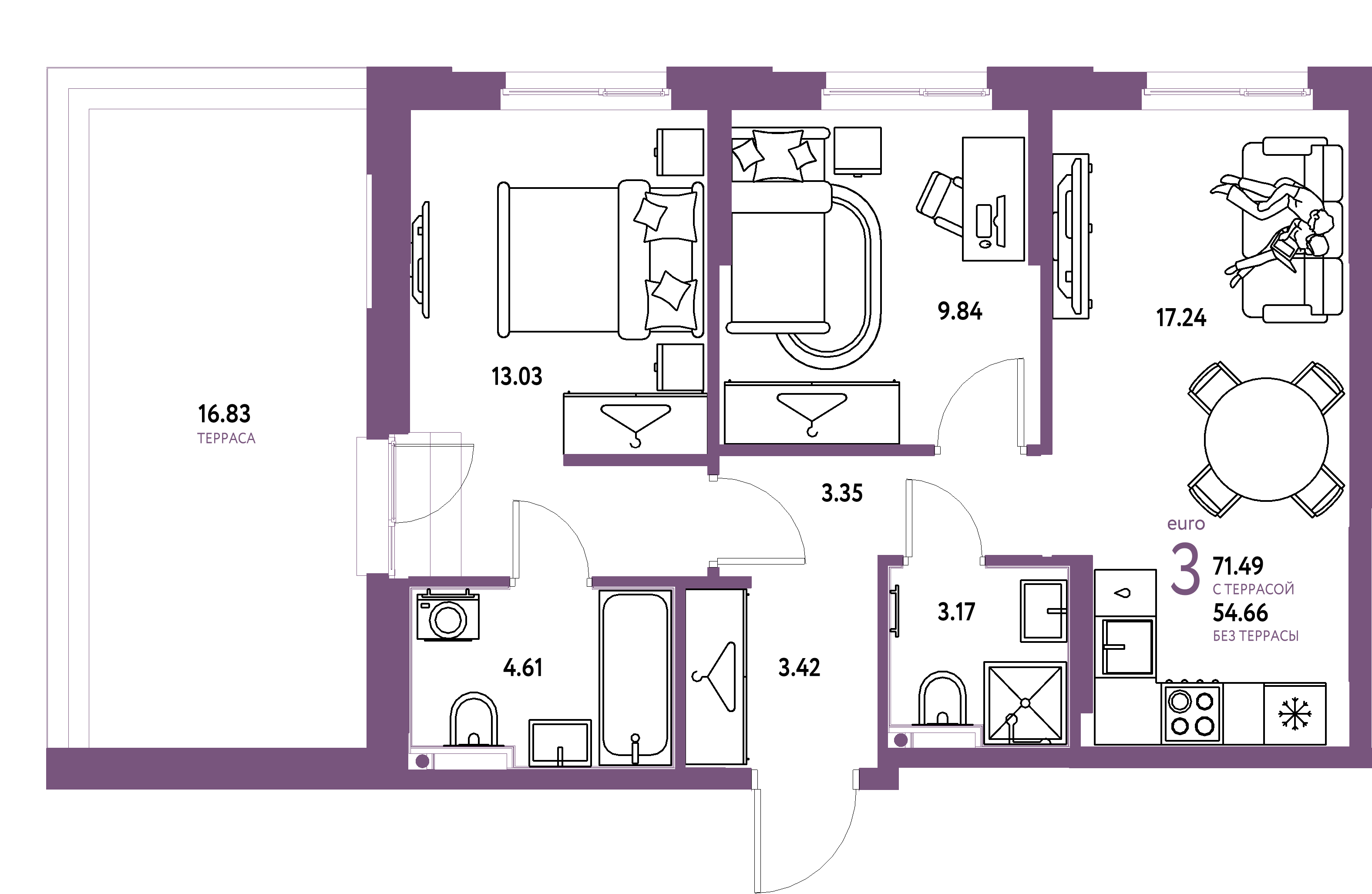 ЖК "Европейский берег 2.0"-3-комнатная 71.49 м²
